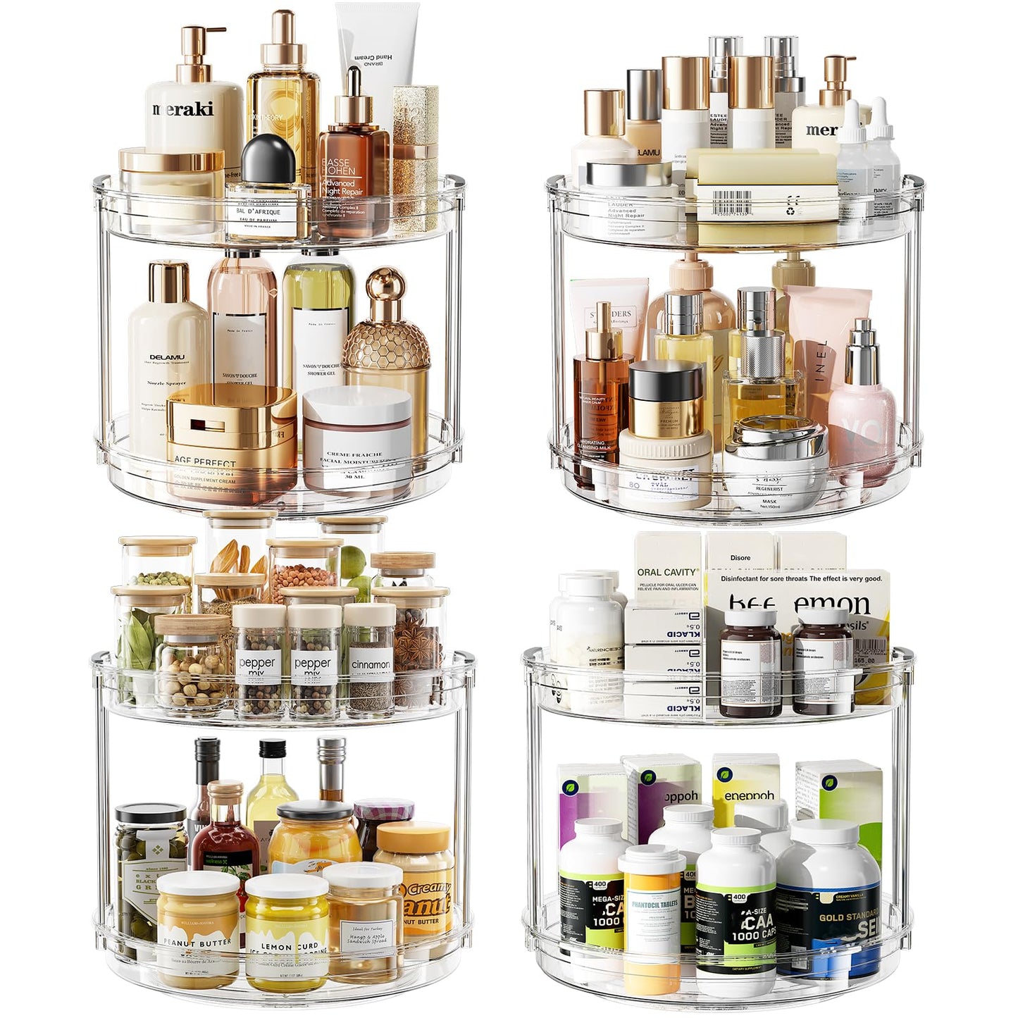LAMU 4 Pack 10.6'' 2-Tier Lazy Susan Turntable Organizer Rotating Spice Rack Organization for Cabinet, Kitchen, Pantry, Countertop, Bathroom, Vanity, Makeup Organizer, Clear