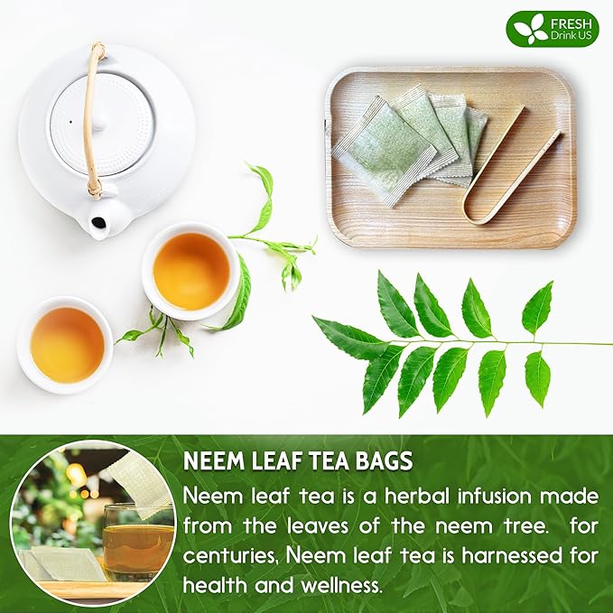 FreshDrinkUS, Premium 33 Neem Leaf Tea Bags, 100% Natural and Pure from Neem Leaves. Herbal Tea. No Sugar, No Caffeine, No Gluten, Vegan.