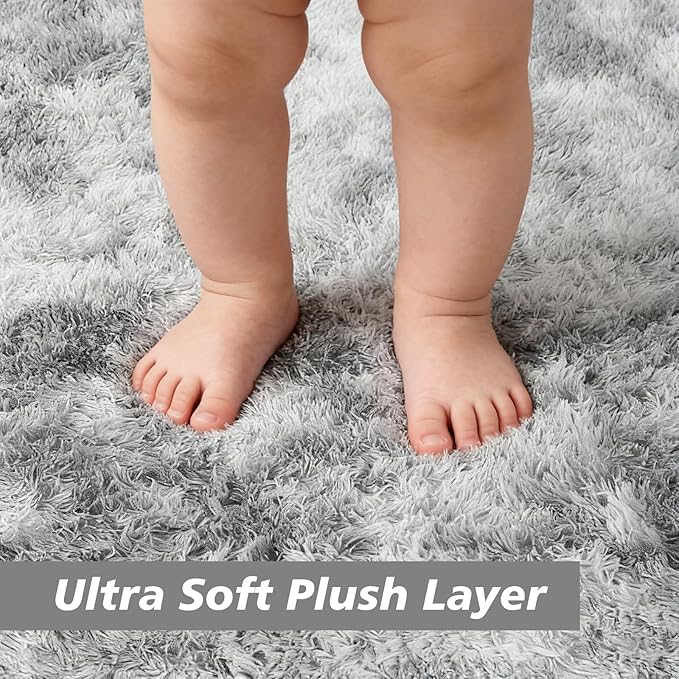Tie-Dyed Fluffy Round Rug,Soft Area Rugs for Girls Room,Shaggy Rugs 5'X5' for Living Room,Non Slip Circle Rug for Kids Bedroom,Shag Plush Nursery Rug,Plush Carpet for Dorm,Furry Room Decor,Light Grey
