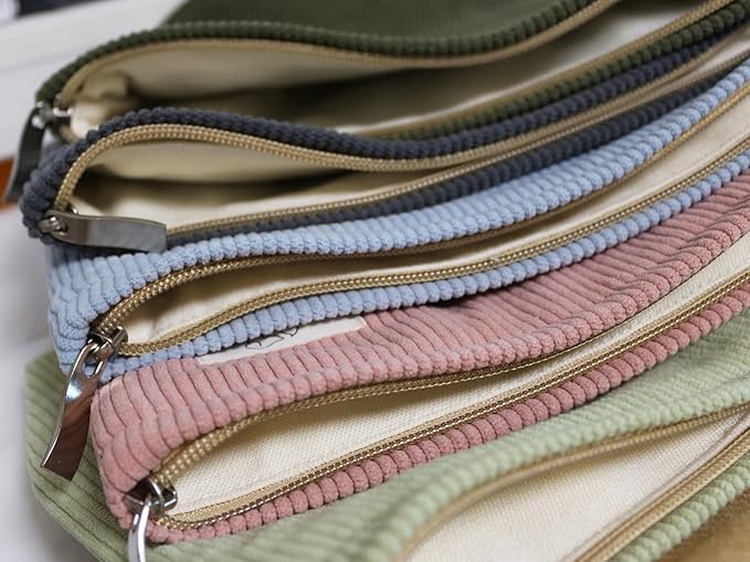 HAPPYHEIDI Fresh Green Corduroy Makeup Bag Cosmetic Toiletry Travel Pouch, Make Up Accessory Purse Organizer, Canvas Lined
