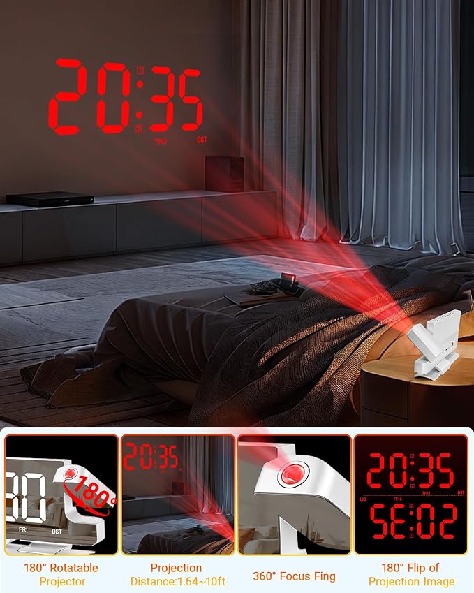 Lamisola Projection Alarm Clock for Bedroom Ceiling, White Digital Clock