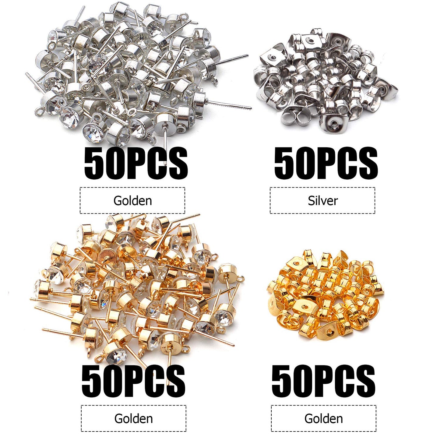 100pcs 5mm Rhinestone Earring Studs Hypoallergenic Earrings Posts with Loop and 100pcs Butterfly Earring Backs for DIY Earring Jewelry Making Supplies