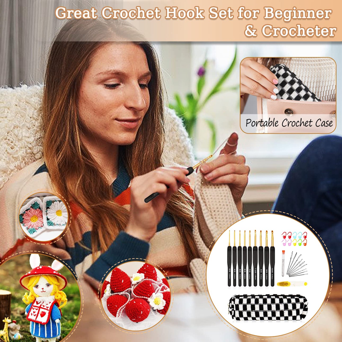 Aeelike 31pcs Crochet Hook Set, Black Gold Crochet Hooks Ergonomic with Grips for Arthritic Hands, Crochets Needles Set with Knitting & Crochet Supplies, Ideal Gift for Crocheting Beginner Lover