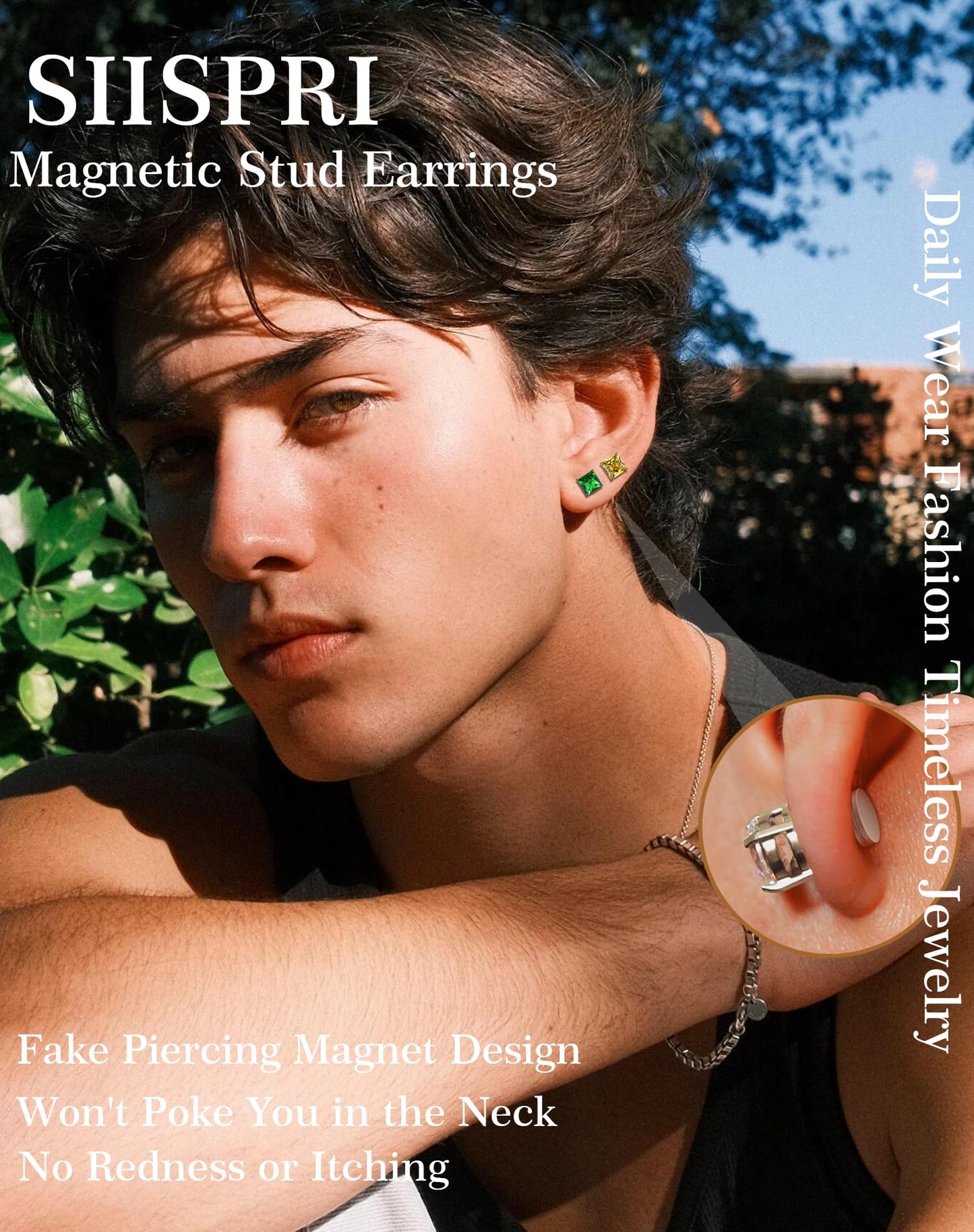 SIISPRI 4 Pairs Stainless Steel Magnetic Stud Earrings for Men Women Hypoallergenic Inlaid Cubic Zirconia Unisex Non-Piercing Clip On Stud Diamond Earrings Set