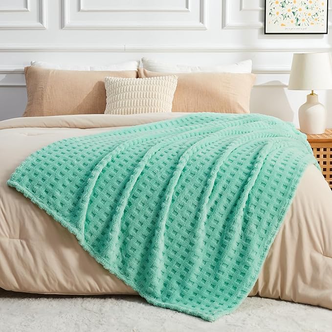 NEWCOSPLAY Super Soft Throw Blanket Aqua Premium Silky Flannel Fleece 3D Waffle Checkered Lightweight Bed Blanket All Season Use (Aqua, Throw(50"x70"))