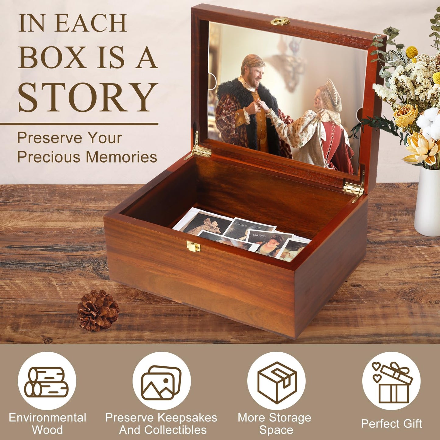 Large Wooden Keepsake Box with Hinged Lid and Photo Frame - Elegant Wedding Memory Box, Ideal for Photos, Letters, Time Capsules, Bride Gift, Decorative Storage，5.5“*8.6”*11.3“