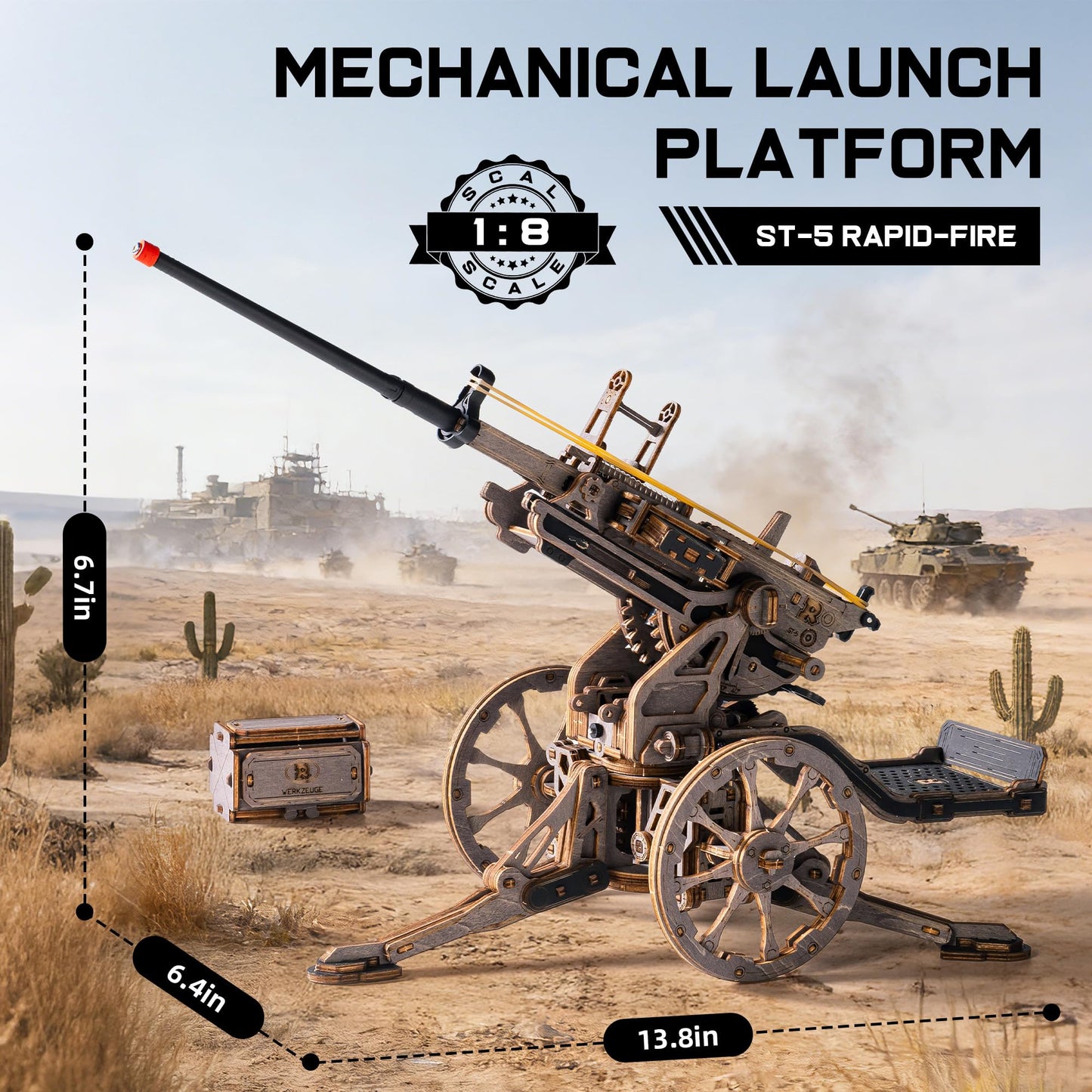 ROKR Anti-Aircraft Gun 3D Wood Puzzle for Adults - Mechanical Rubber Band Shooting Model Kit, DIY Building Set for Teens and Hobbyists, Desktop Decor