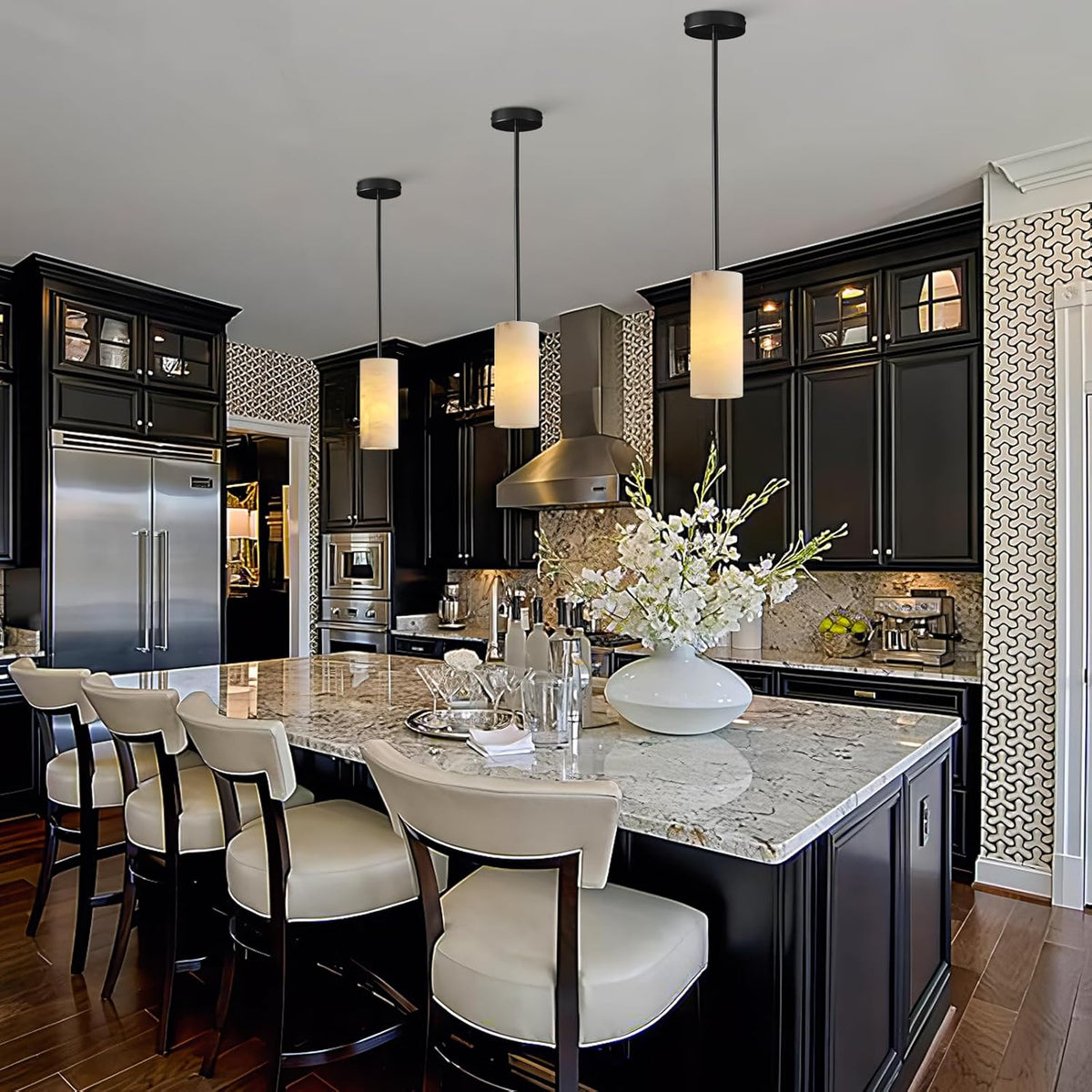Alabaster Pendant Light Kitchen Island, H-9.5in Black Pendant Light Fixtures with Natural Marble Shade, Adjustable Ceiling Pendant for Dining Room, Living Room, Bedroom & Bathroom