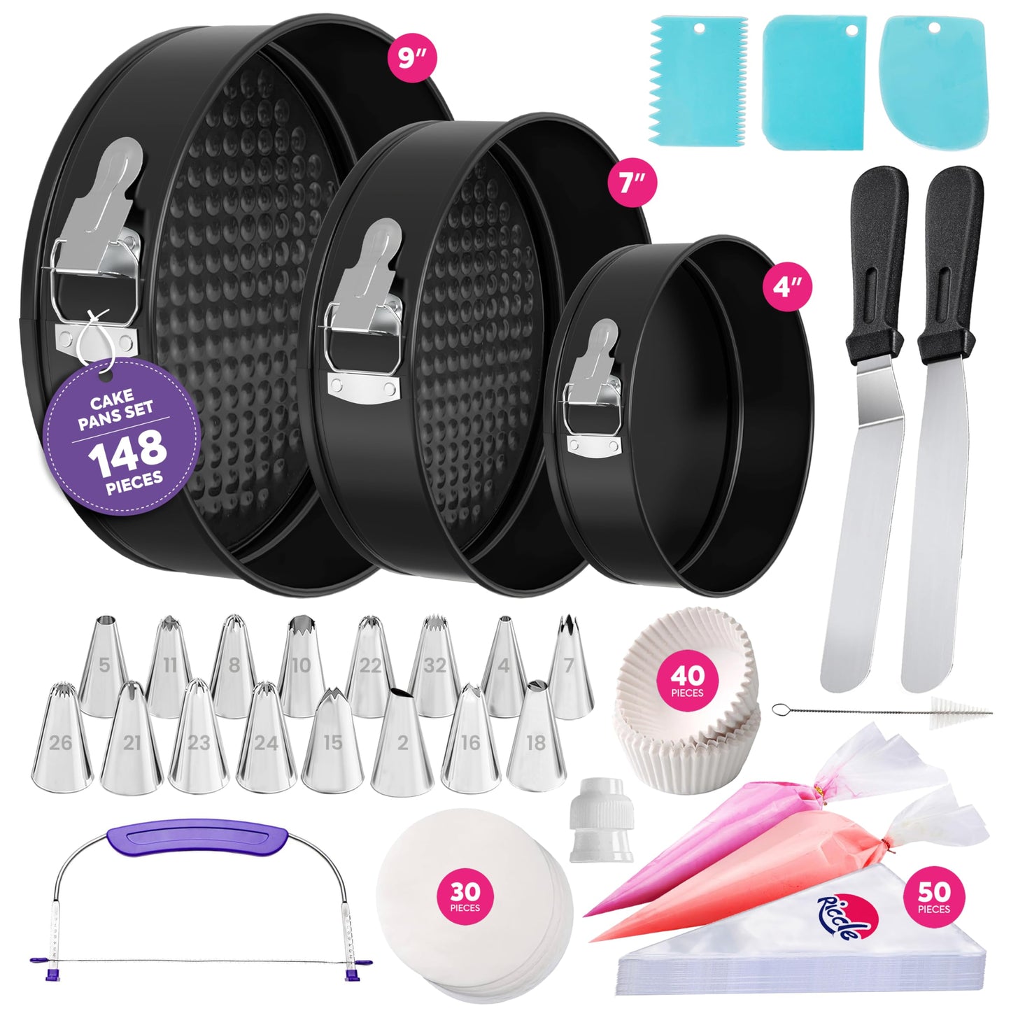 Riccle 148PCs Cake Pan Set for Baking, 3 Non-Stick Springform Pan Set (4, 7, 9 Inches), Cake Decorating Kit, Piping Bags and Tips Set, Cake Leveler, Multi-functional Leak-Proof CheeseCake Pan (148)