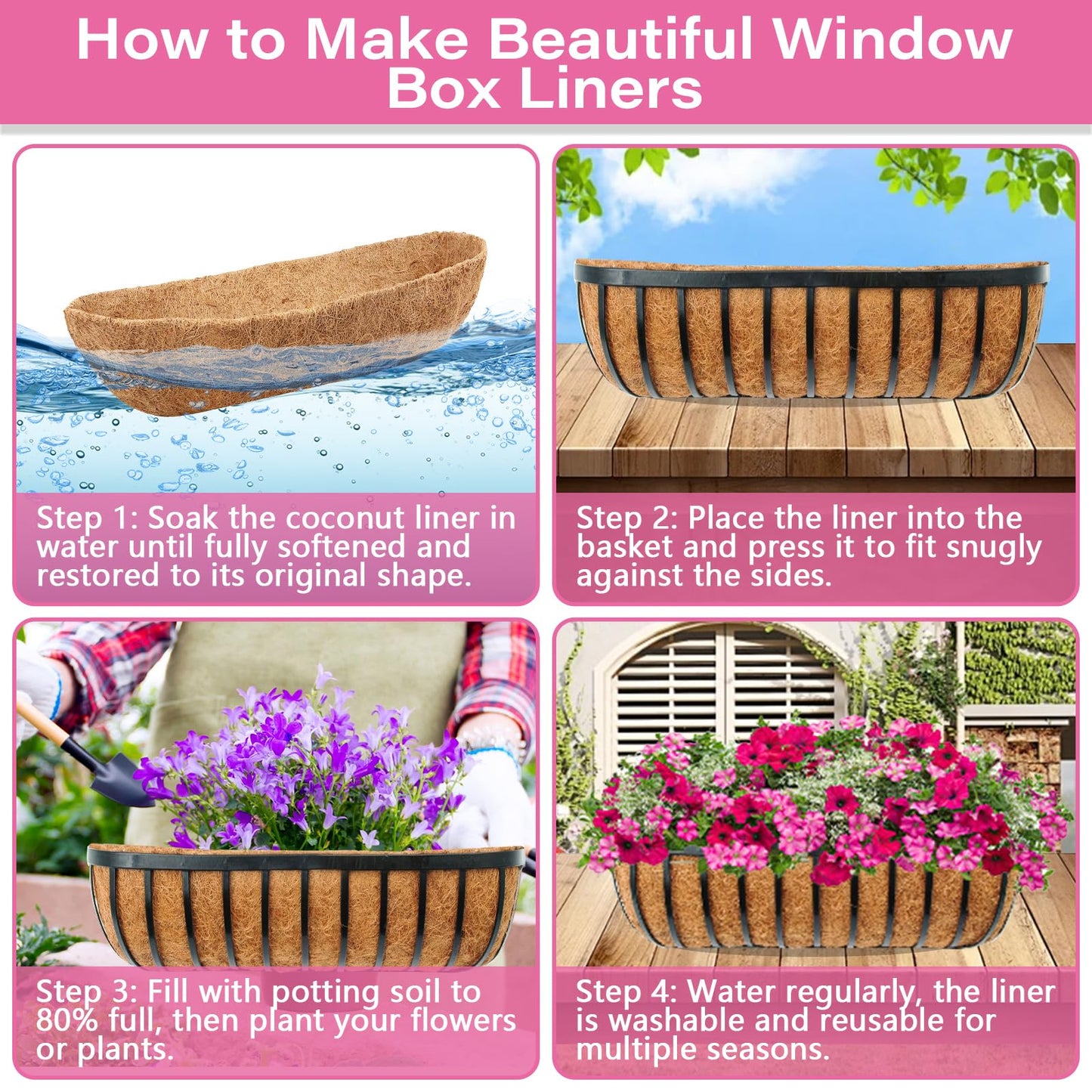 Legigo 4 Pack 24 Inch Natural Trough Coco Liner for Planters- Window Box Liners Coconut Basket Liners, Planter Box Coconut Liner for Window Flower Box Pots, Fence Trough Planter, Wall Planter Basket