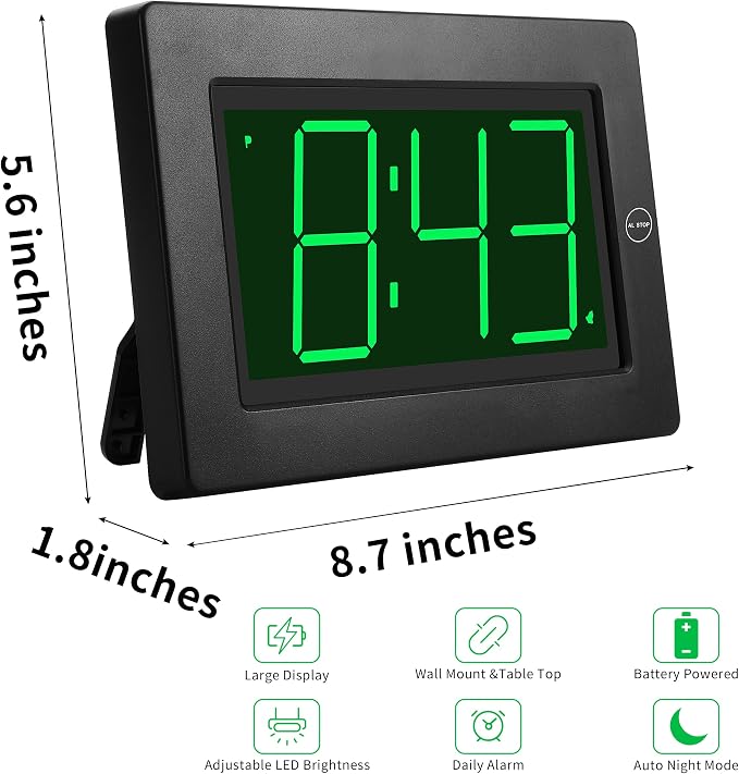 Alarm Clock,3" LED,3-level Brightness,Battery Operated,Wall-mount/Table-top