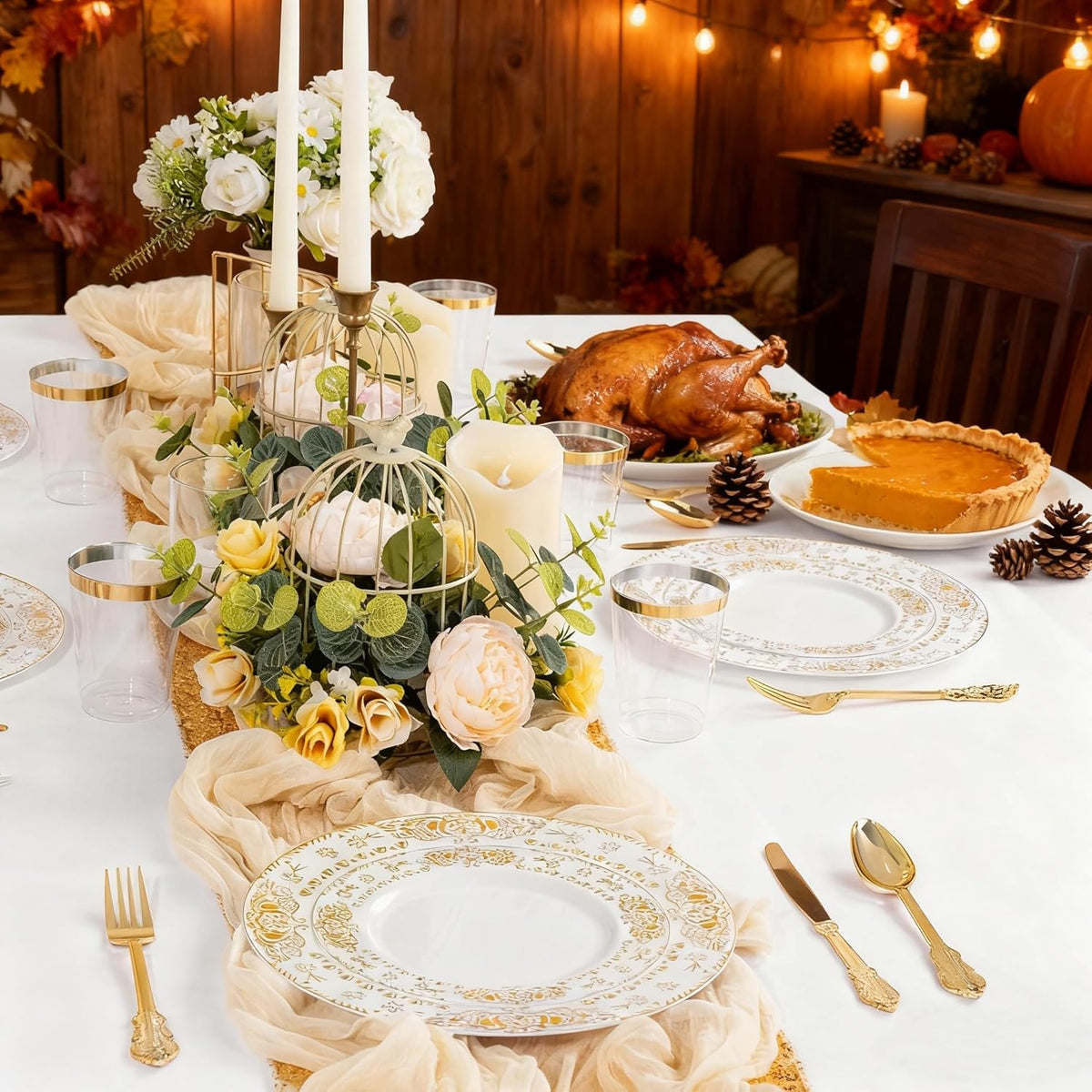 GATHER 350PCS White and Gold Plastic Plates - Gold Disposable Dinnerware Set Include 50 Dinner Plates, 50 Dessert Plates, 150 Gold Plastic Silverware, 50 Napkins, 50 Cups for Wedding & Thanksgiving
