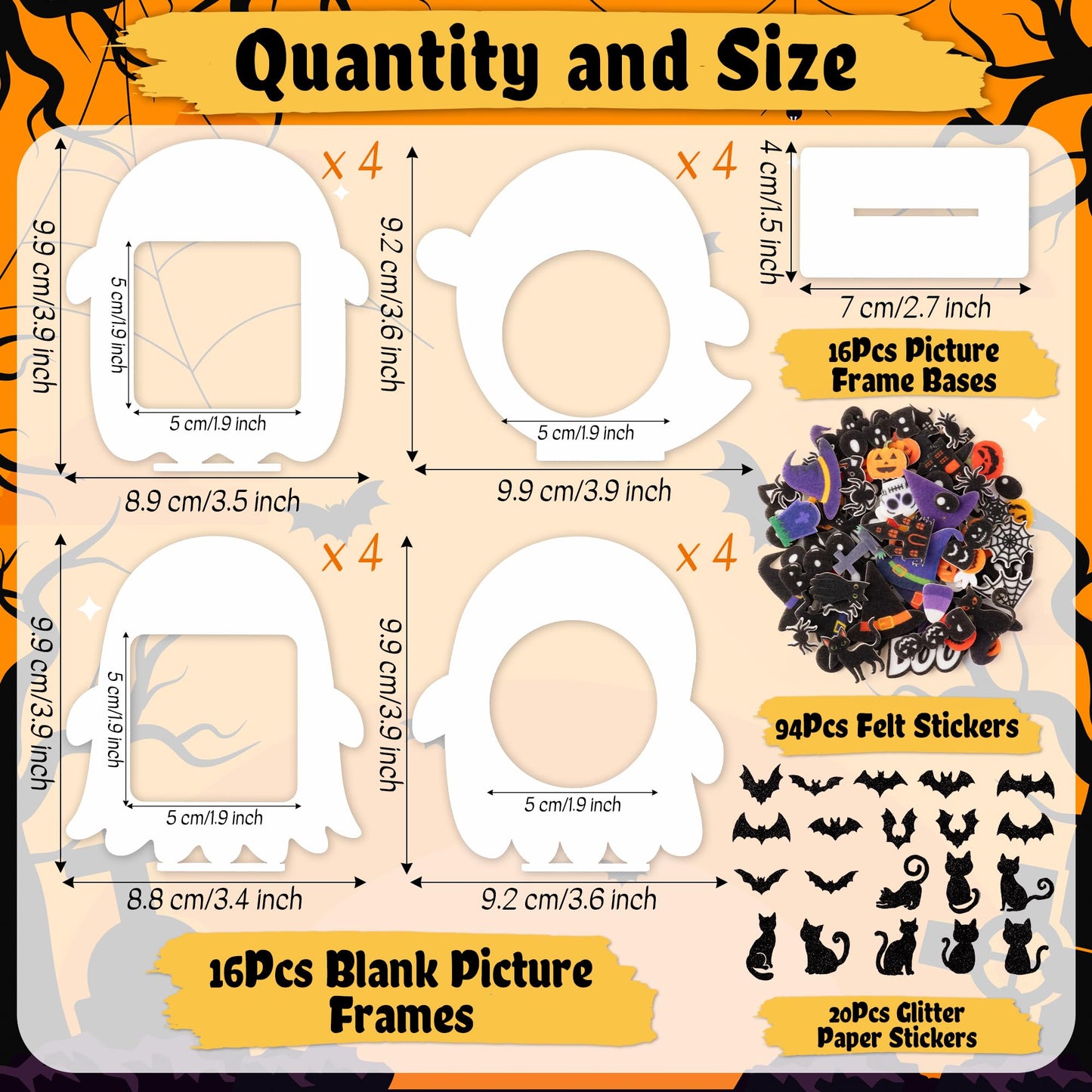 TICIAGA Halloween Ghost Photo Frame Craft - 16 Set Unfinished Halloween Wood Picture Frame Craft Kit with Sticker for Kids Classroom Activities, DIY Trick or Treat Spooky Ghosts Table Decor for Home
