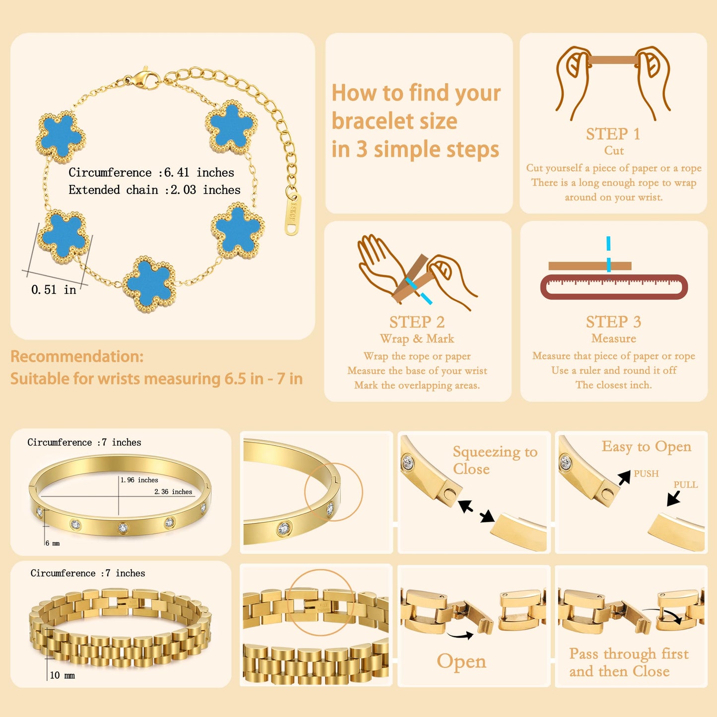 YOQ Stackable Four Leaf Clover Bracelets for Women, 18K Gold Plated Love Bangle Bracelets Set, 3 Pcs Charm Jewelry Gifts (Blue)