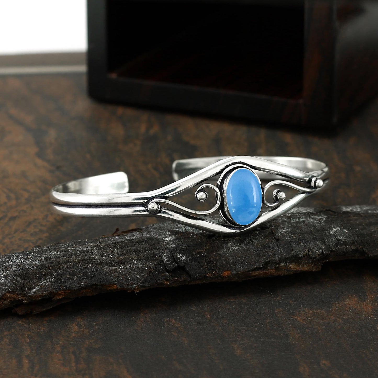 925 Silver Plated Natural Chalcedony Cuff Bangle Bracelet for Women – Handmade Open Bangle – Blue Gemstone Statement Jewelry – Valentine's Day Gift for Her