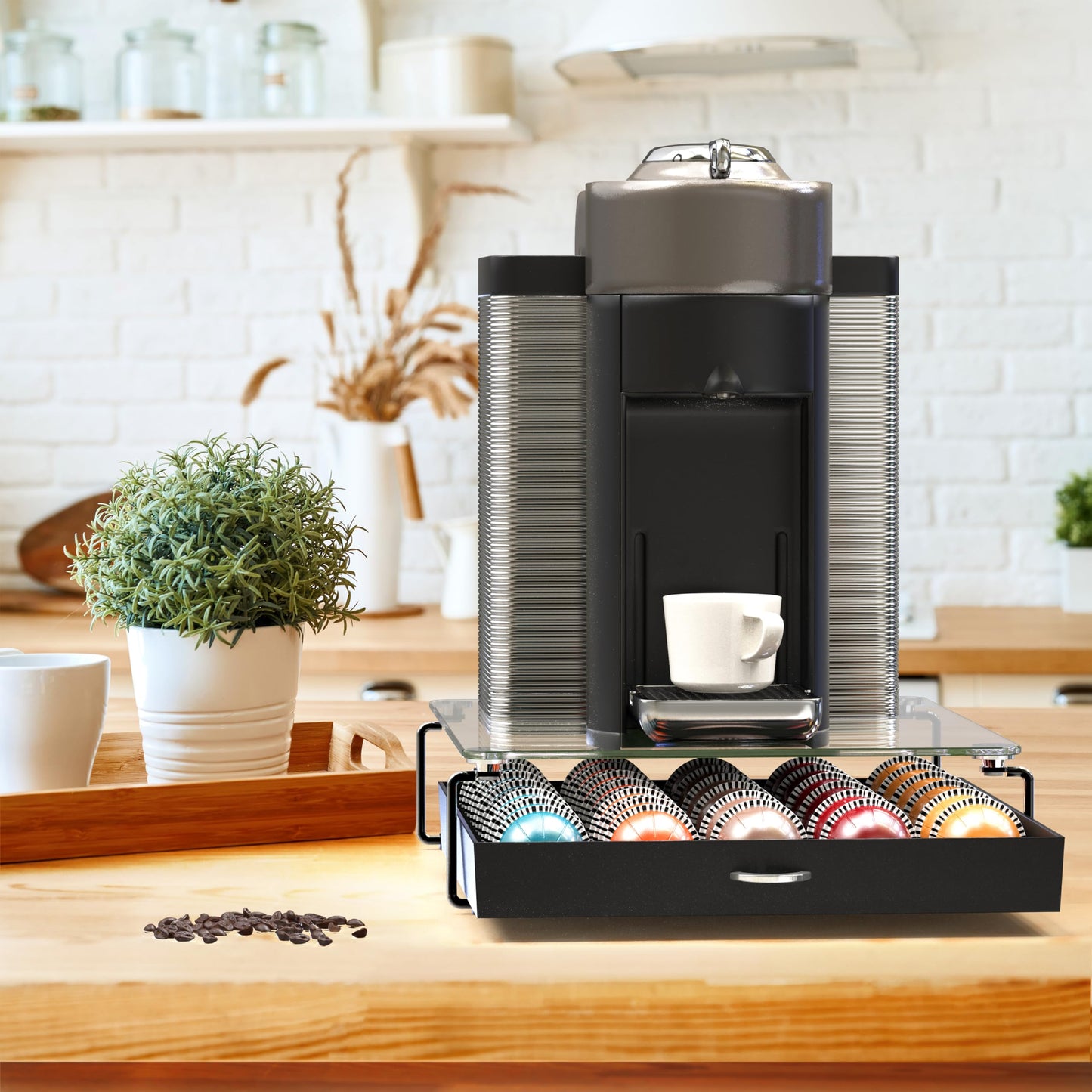 Deco Brothers Crystal Tempered Glass Vertuo Pod Holder Drawer, 30 Large or 60 Small Nespresso Capsule Organizer, Black