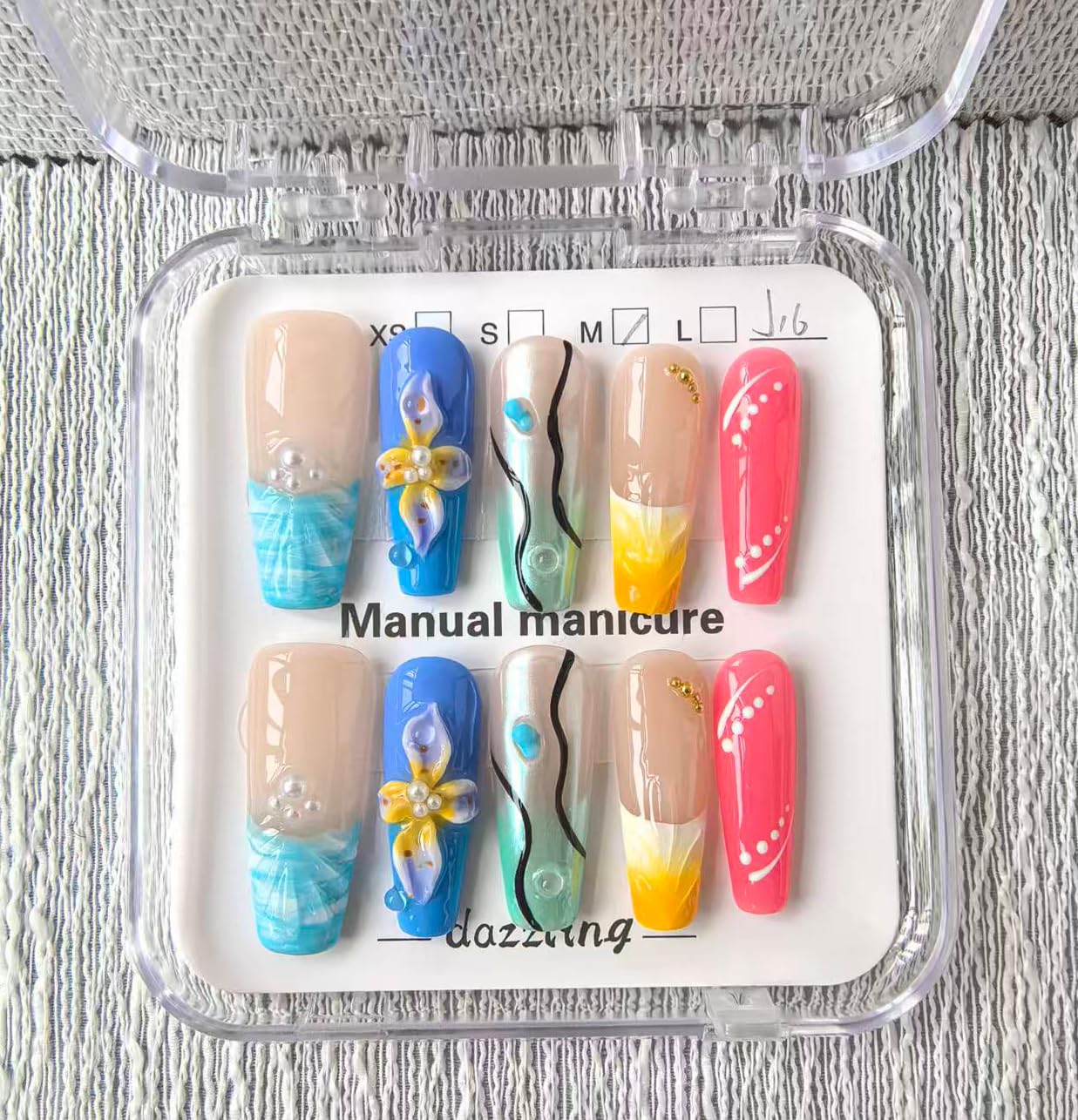 Handmade Press on Nails Long Coffin False Nails Blue French Tip with 3D Flower Designs Beach style Charm Cute luxury Sparkly Acrylic Nails for Women (Size M）10pcs