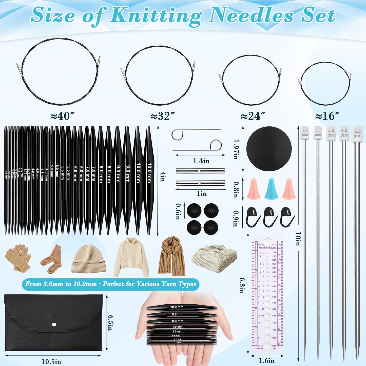 13 Pairs Interchangeable Knitting Needles Set with 4 Flexible Cables, Portable Circular Knitting Needles, 3-10 mm Smooth Aluminum Knitting Needle Kit for Beginner Projects Travel Home Knitting