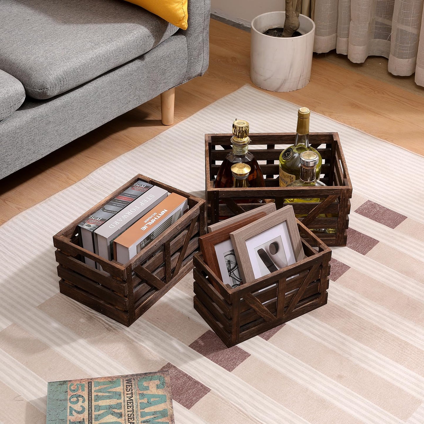 LYDWOO8D Nested Wooden Storage Crates Set of 3 (L,M,S),Farmhouse Decorative Boxes with Handles for Home Organization & Display