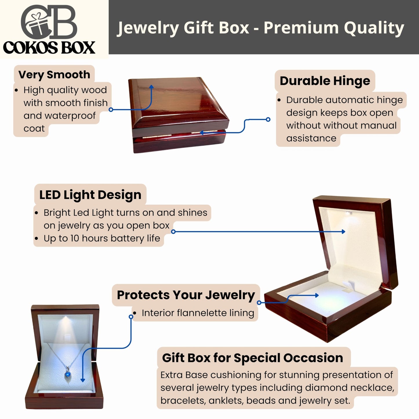 Necklace Box with LED Light – Small Jewelry Display Case for Bracelet, Earrings, or Chains – Luxury Lighted Wooden Presentation Box for Gifts, DIY Crafts, Mahogany, White Interior