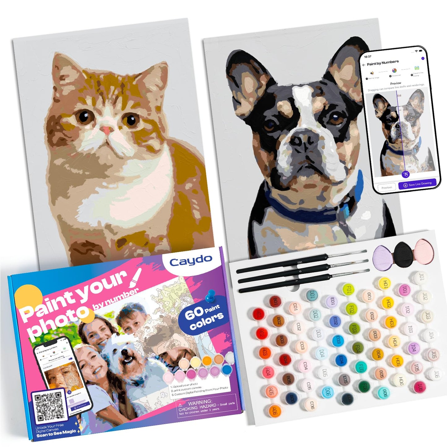 Caydo Custom Paint by Numbers Kit for Adults, Turn Your Photo into A4 Paint Templates via Included Customization Feature with 60-Color Acrylic Set and 3 Blank Canvases for Gift & Home Activity