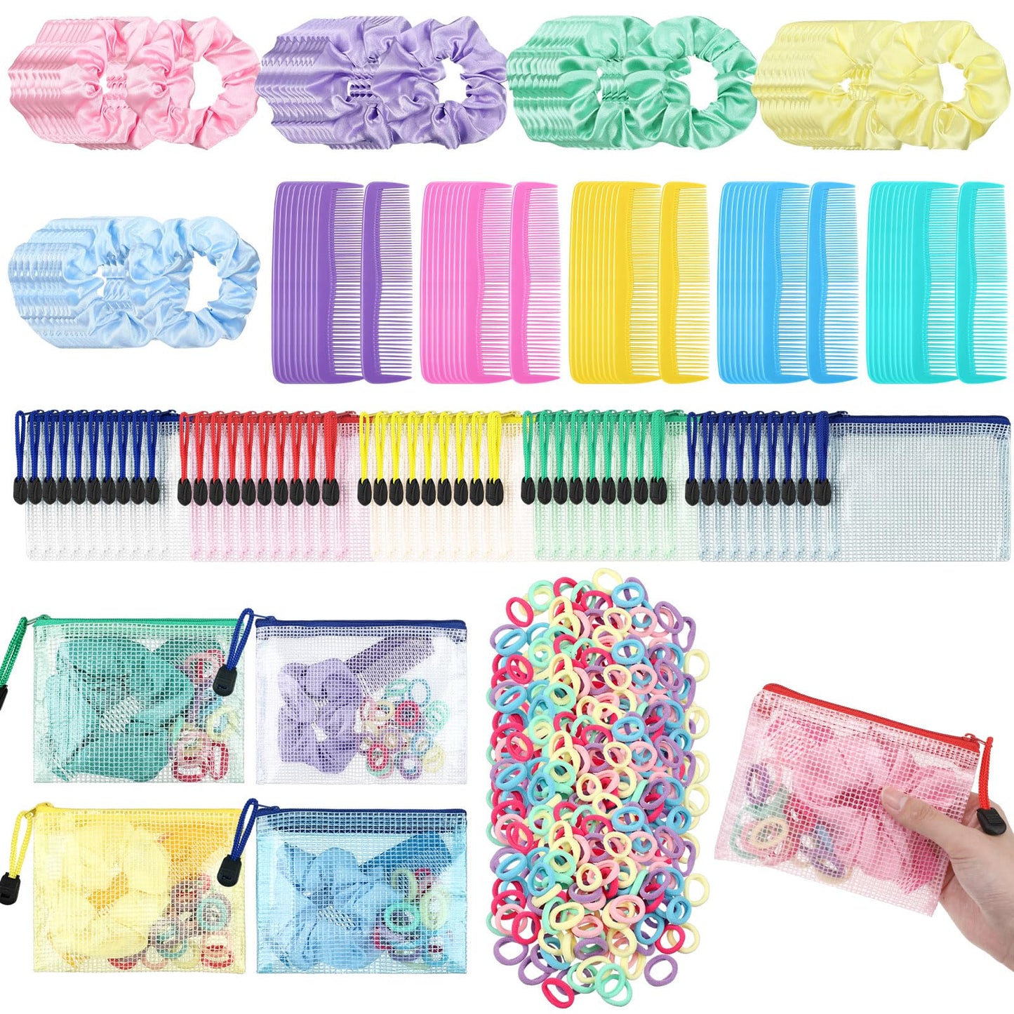 Suncalla 1150 Pcs 50 Set Operation Christmas Box Gifts Bulk Stain Scrunchies Mini Comb Small Hair String and Mesh Zipper Storage Bags Ideal for Operation Christmas Charity Box Volunteers Organizations