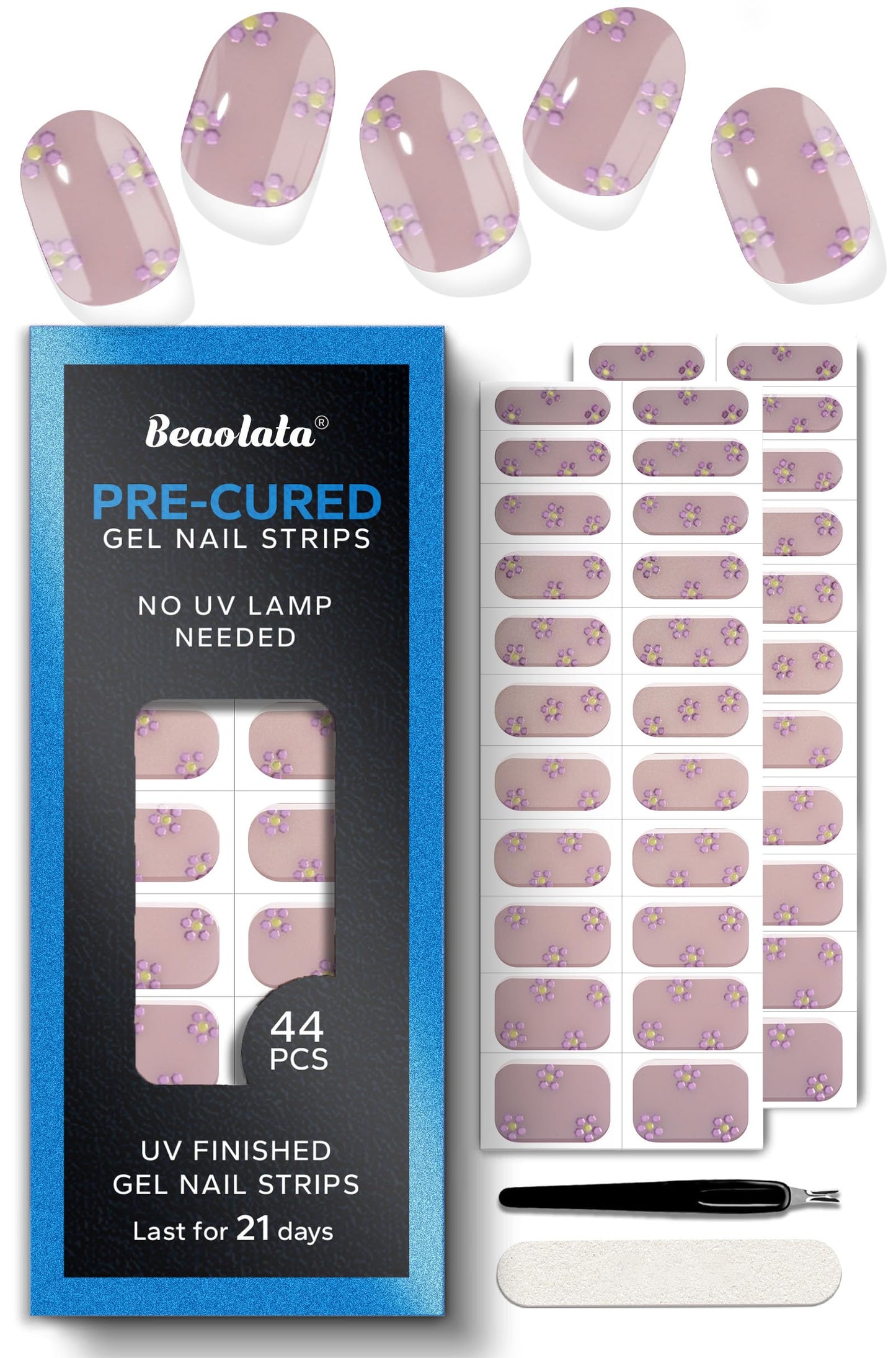 Beaolata Real Gel Nail Strips (No UV Light Needed) - 44Pcs Salon Quality Nail Stickers - Long Lasting Polish Wraps for Women, Easy Apply & Remove (Springtime Posy Pink)