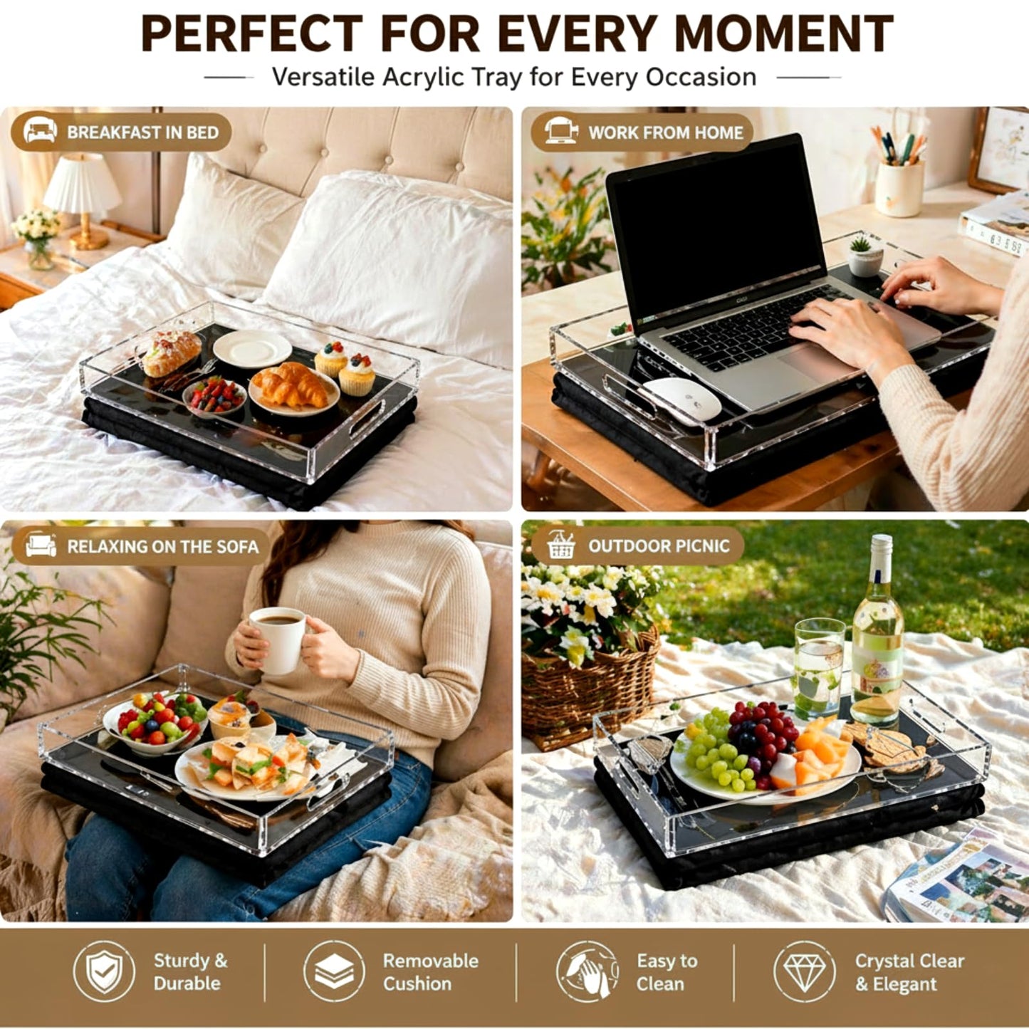 LemonRoad Acrylic Lap Tray for Bed or Couch – 16.5″ x 13″ Portable Tray with Detachable Cushions, Non-Slip Surface for Eating, Reading, or Laptop Use – Comfortable BedTray with Soft Pillow