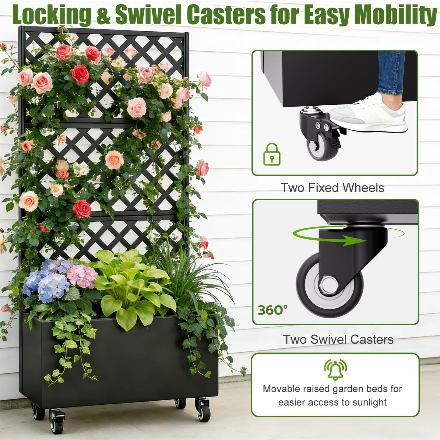 Riflevault 72" Planter Box with Trellis & Wheels, Planter Boxes Outdoor with Drainage Hole for Climbing Plants, Raised Planter with Privacy Screen, Black