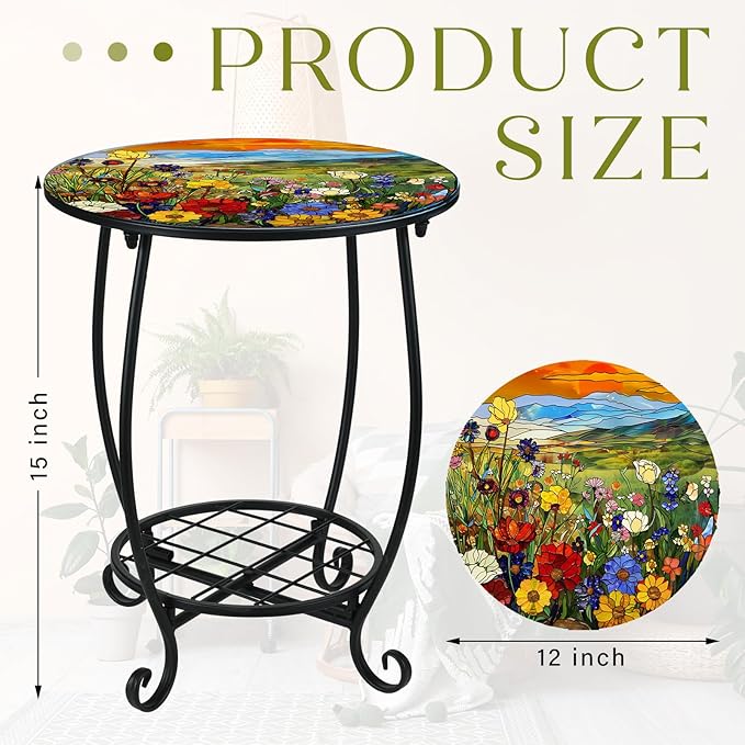 Outdoor Side Table Round Small Mosaic Patio Accent Indoor End Plant Coffee Tea Table for Yard Patio Porch Garden Living Room, Bedroom(Sunset Wildflowers Style,12 Inch)