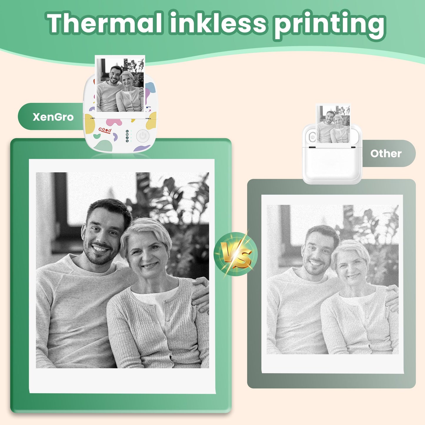 XenGro Mini Sticker Printer AHM2, Mini Thermal Printer with 3 Rolls Paper, Portable Bluetooth Inkless Printpods, Pocket Label Maker Suitable for Creative Kids DIY, Diaries, Photos, Study Notes -White
