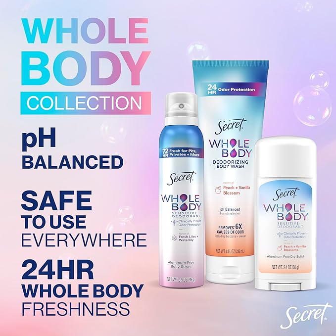 Secret Whole Body Deodorant For Women Stick, Spray & Cream Regimen Pack, Peach & Vanilla Scent, Aluminum Free Deodorant, 72 HR Odor Protection, 2.4 oz. 3 oz, 3.5 oz