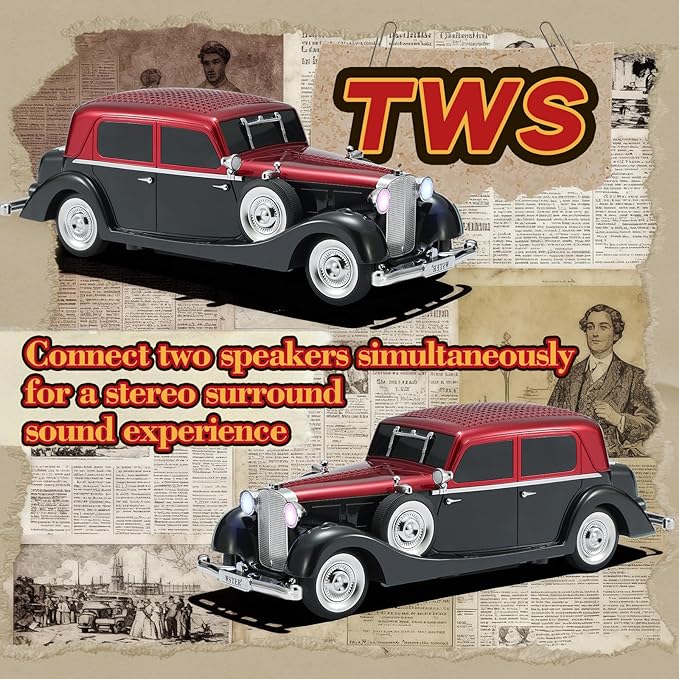 WSTER WS-1934 Retro Classic Car Bluetooth Replica Speaker – Wireless HD Sound with FM Radio,TWS Stereo,LED Party Lights,Built-in Microphone Hands-Free Call, Surprise Portable Gift for Party Use(Red)