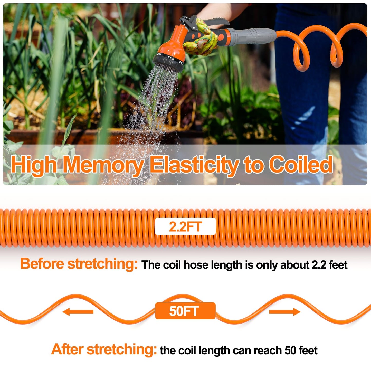 SPECILITE 3/8” Lightweight Coil Garden Hose 50 FT, EVA Retractable Curly Water Pipe with 6-Pattern Spray Nozzle for Boat, Greenhouse, Yard, Patio (Orange)