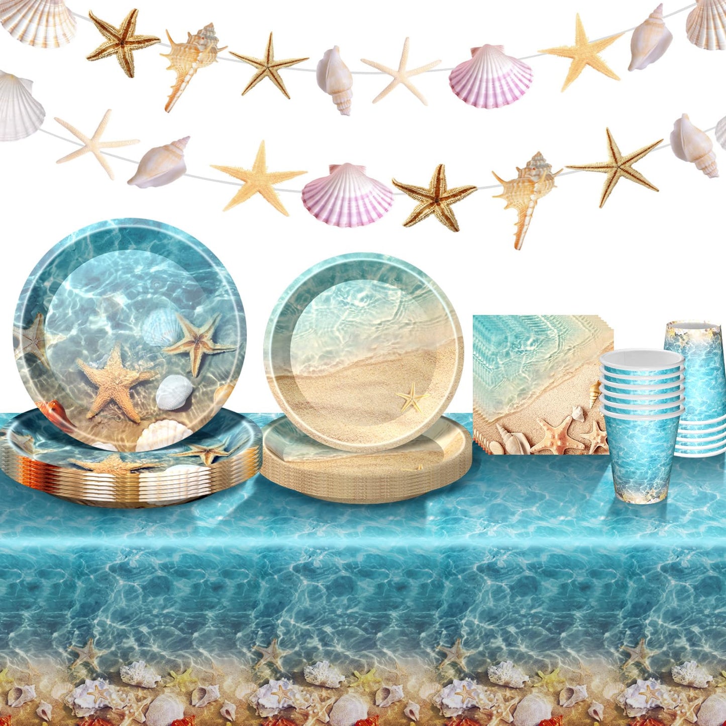 Seashell Party Supplies Ocean Beach Party Supplies Tableware with Seashell Beach Paper Plates Napkins Cups Tablecloth Banner for Summer Hawaiian Birthday Decorations, Serves 24