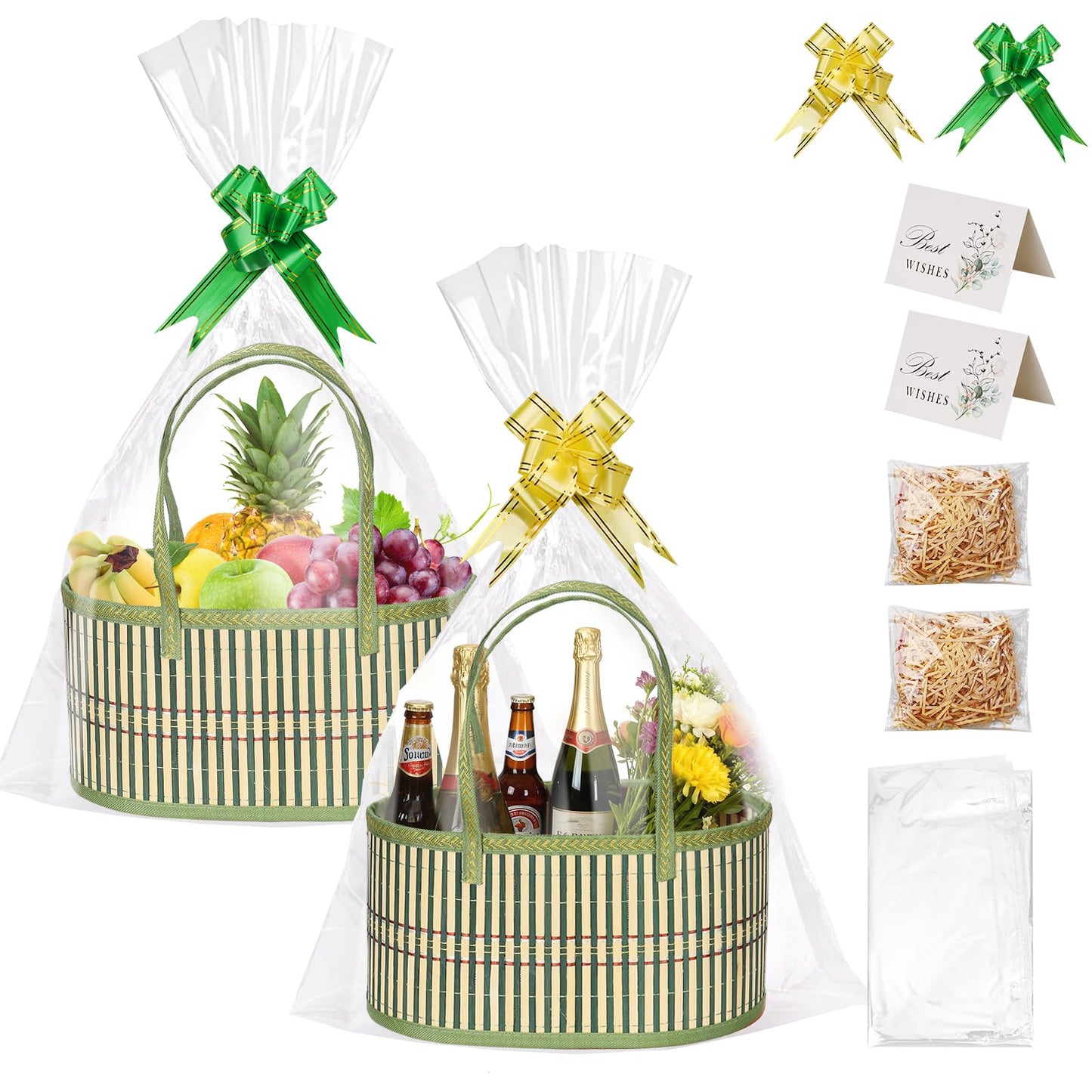 Gift Baskets Empty Hamper Basket Gift Box DIY Gift Hamper Set with 2 Bags,2 Bows ,2 Greeting Card and Raffia for Birthday Present,Easter, Christmas , Graduation, Wedding, Thanksgiving Gift Kit-2 Green