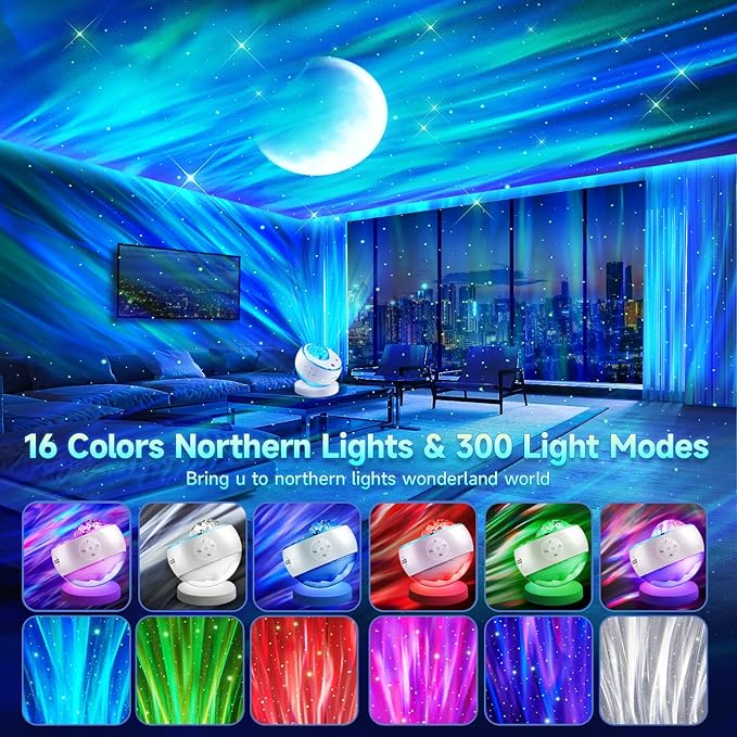One Fire Northern Lights Projector,300+Color Modes Galaxy Projector for Bedroom, 15 White Noise Galaxy Light Projector, 5Moon Star Projector, Bluetooth Aurora Light Projector, Remote Timer Star Lights