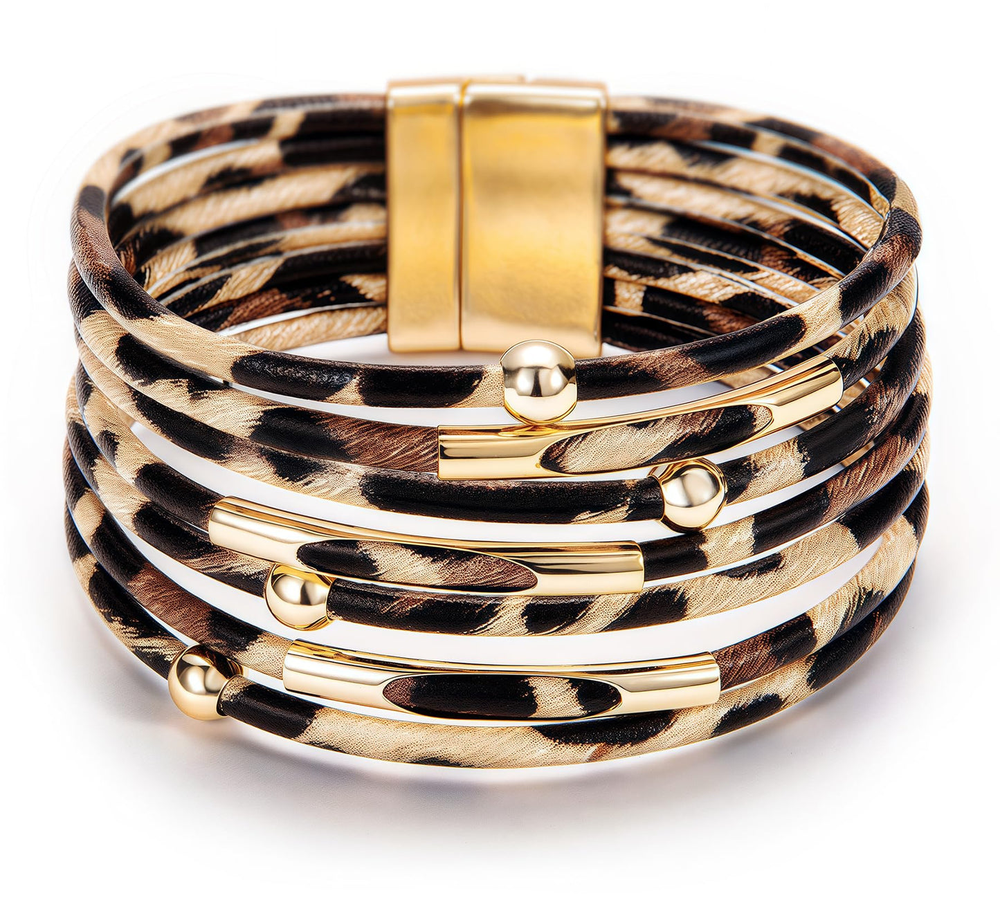 Fesciory Leopard Bracelet for Women, Boho Leather Wrap Multi-Layer Pearl Crystal Bracelet Bangle Jewelry(Brown Leopard)