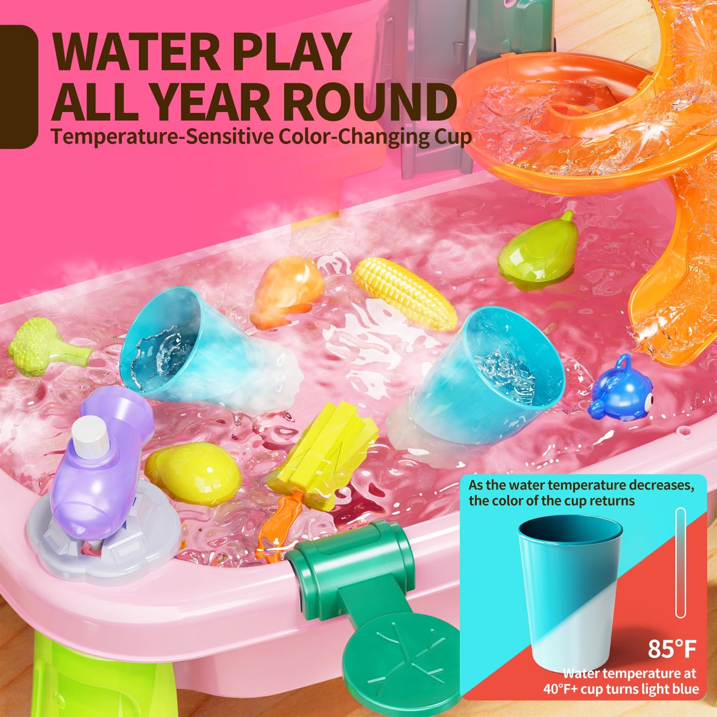 Pupu Pig Water Table Play Sink Toys for Toddlers, Kids Play Kitchen Sink with Running Water, 360° Electric Faucet, Floating Fishing Game, Sensory Water Table Toys for Boys Girls Summer Gifts - Pink