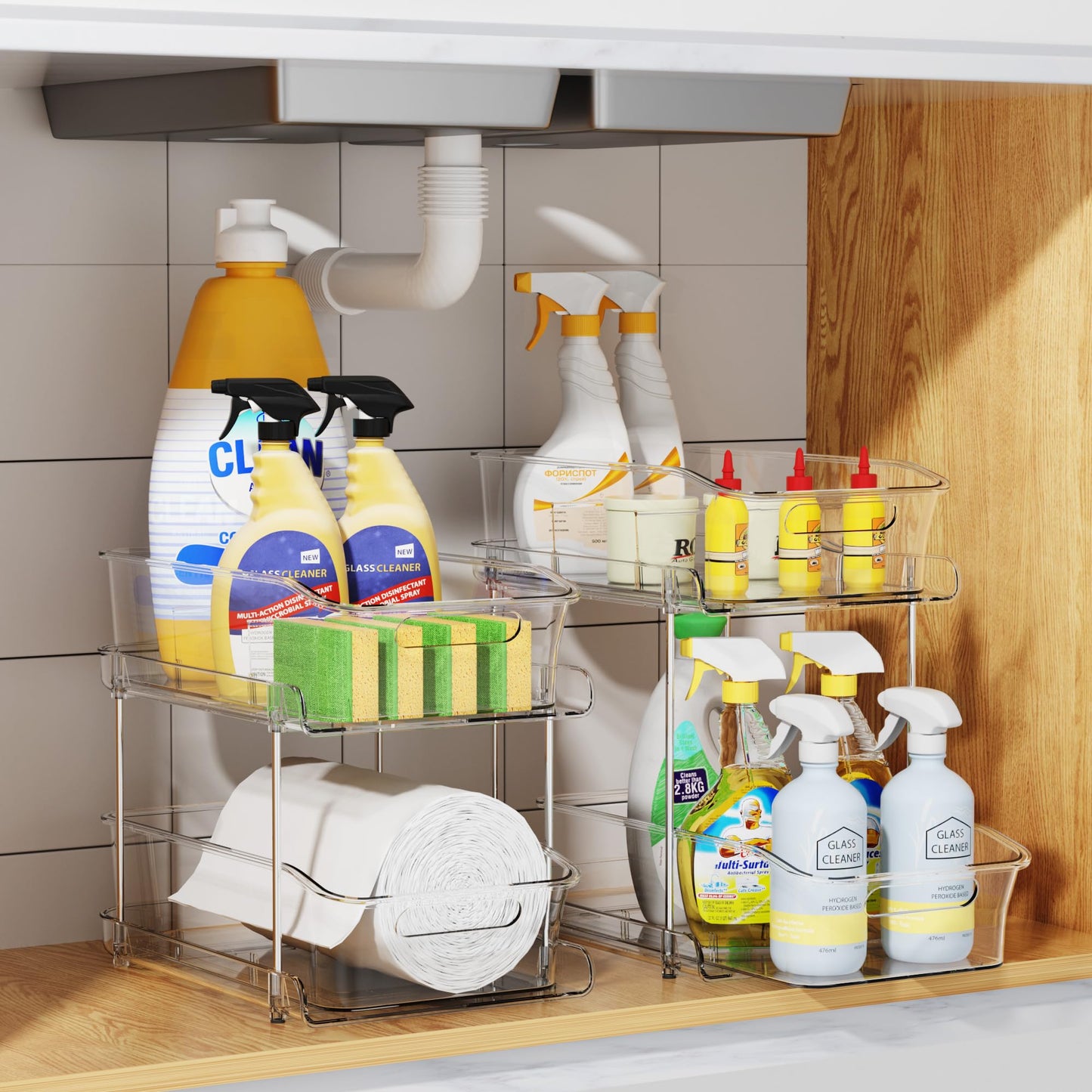 Delamu 2-Tier Under Sink Organizers and Storage, Multi-Purpose Stackable Bathroom Cabinet organizers, Pull Out Kitchen Pantry Organization and Storage with Dividers(2 Pack, Clear)