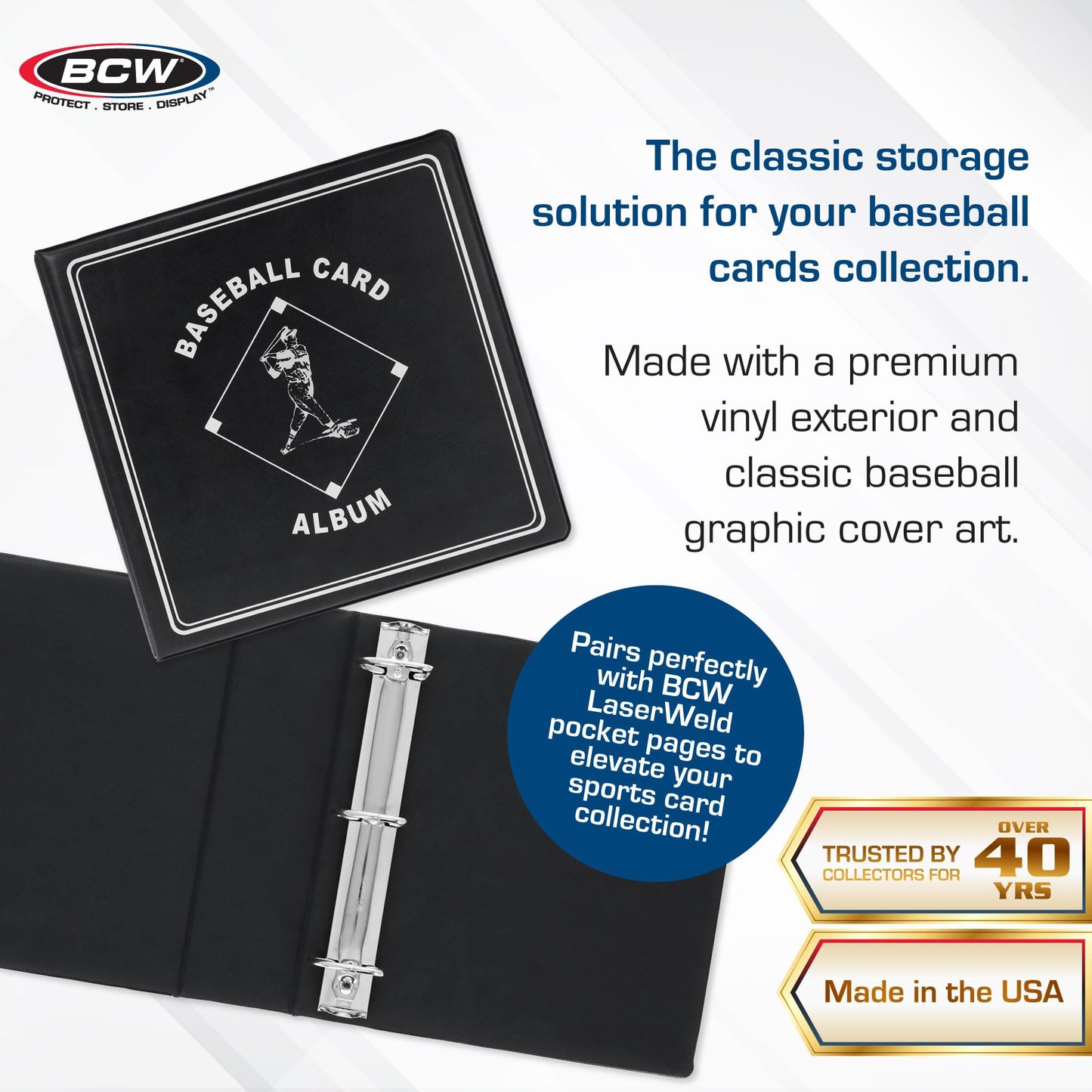 BCW Supplies 3" Baseball Album - Black | Premium Durable Binder for 90 Baseball Cards Heavy-Duty D-Ring, Lasting Durability, and Classic Display | Ideal for Collectors, Storage, and Card Protection