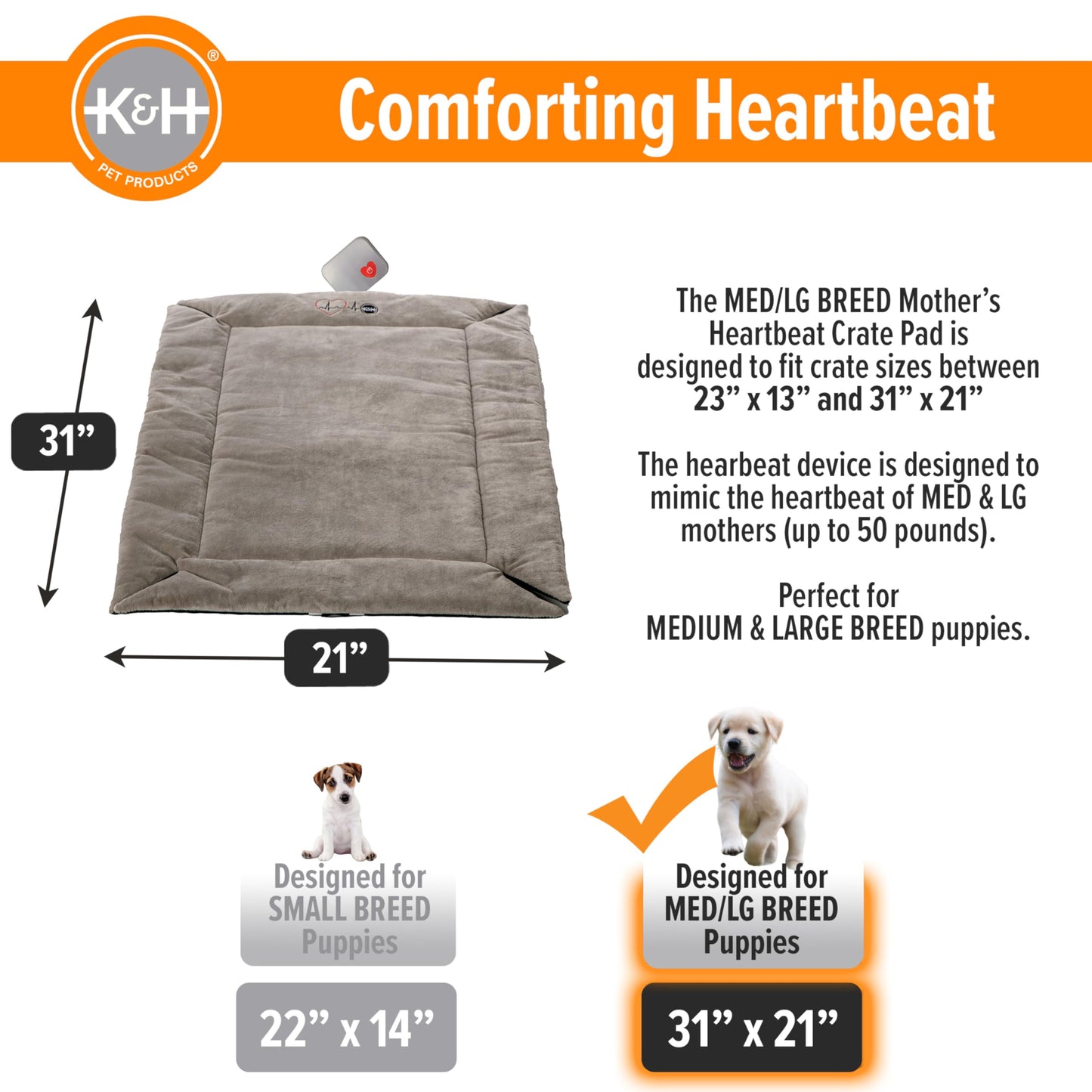 K&H Pet Products Mother’s Heartbeat Puppy Crate Pad Gray Fleece Medium/Large Breed beat 21 X 31 Inches