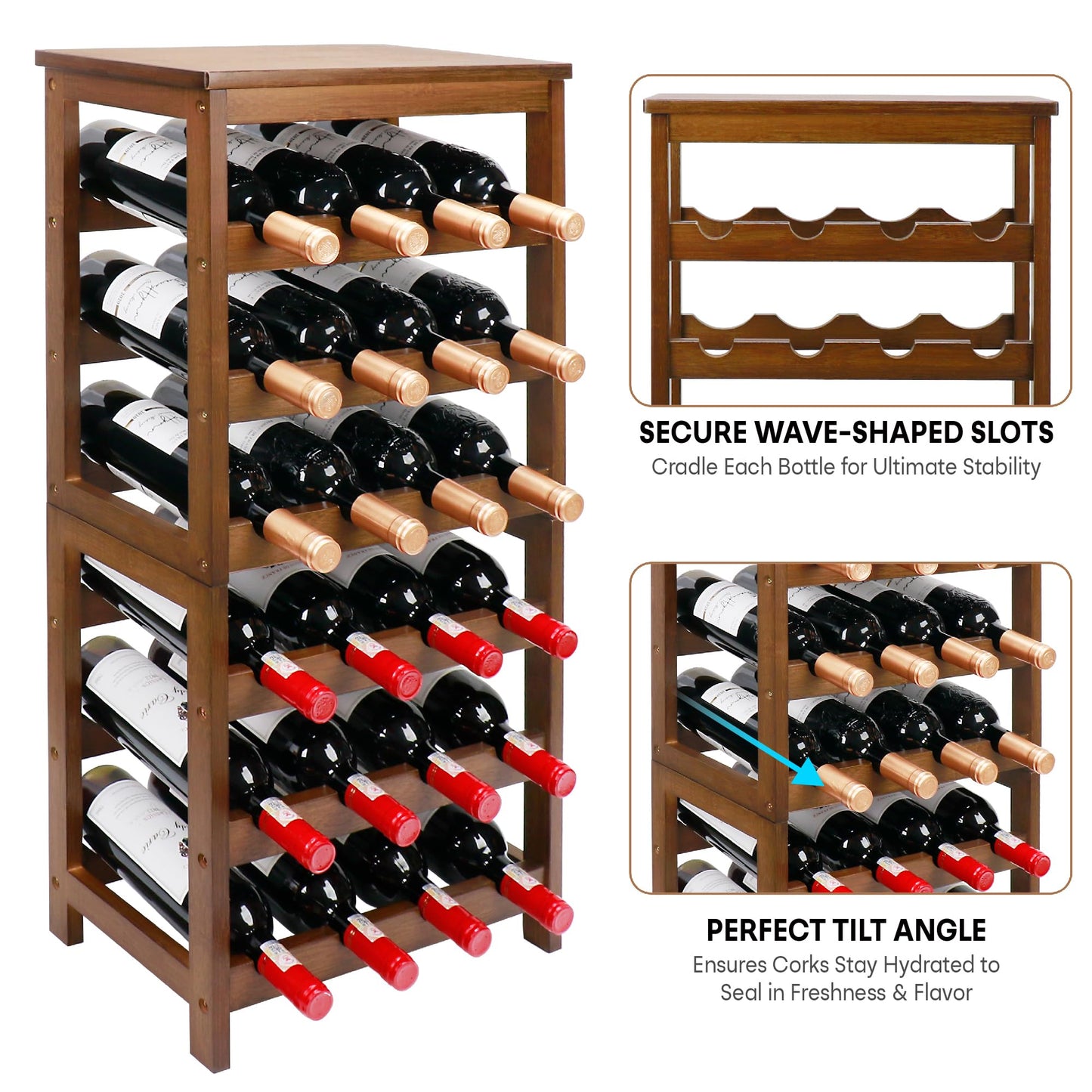 Thalomely Wine Rack Free Standing Floor, 6-Tier 24 Bottles Display Wine Storage Shelves with Table Top, Easy-Assembly Freestanding Bamboo Wine Racks for Kitchen Dining Room Bar, Walnut