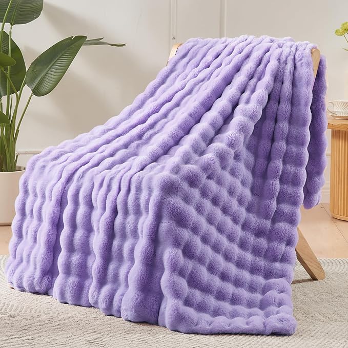 NEWCOSPLAY Faux Fur Twin Blanket Lavender Bubble Blanket Thick Warm Soft for Couch Sofa Bed 550GSM (Lavender, Twin(60"x80"))