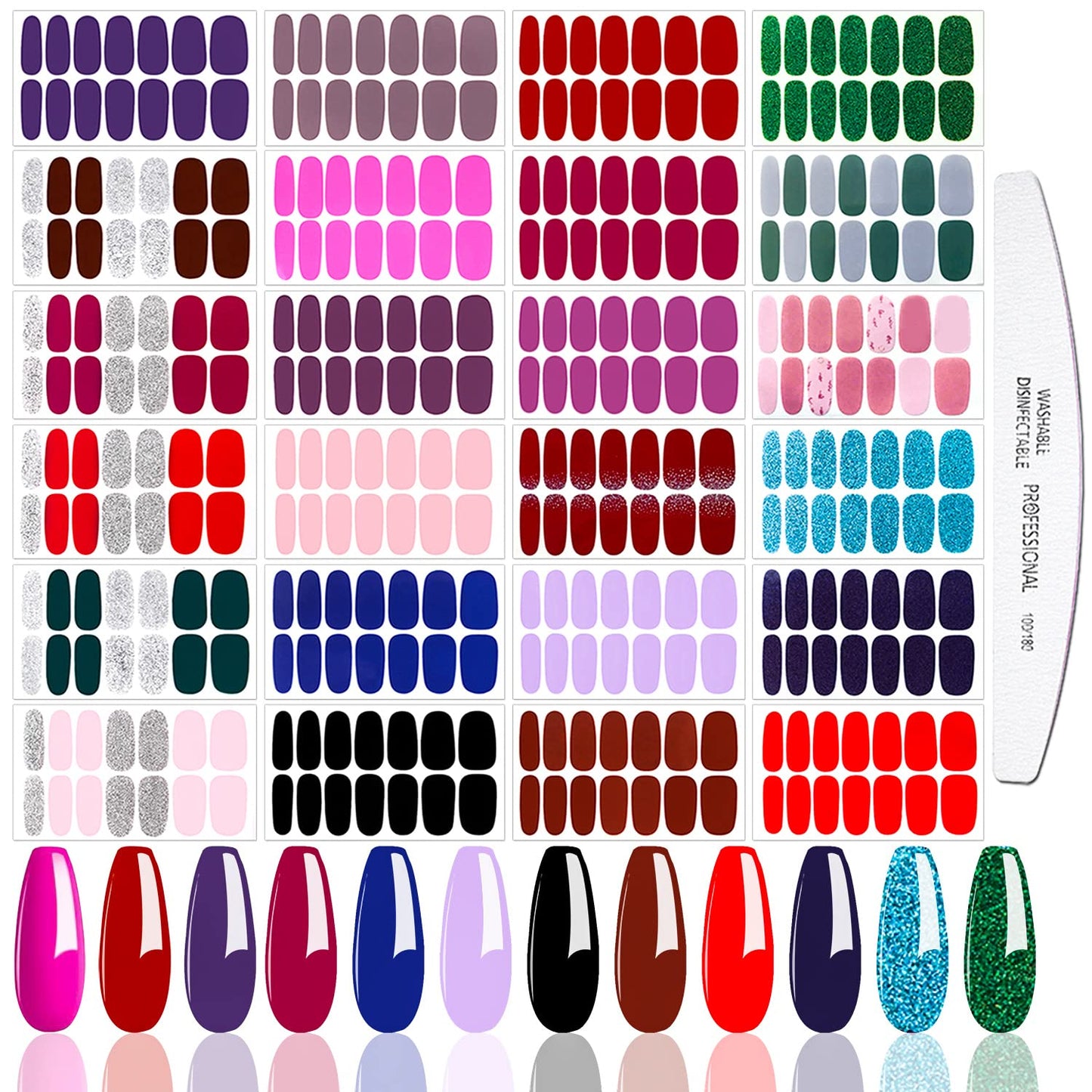 JERCLITY 24 Sheets Glitter Solid Color Nail Polish Strips Nail Wraps Nail Polish Stickers Self-Adhesive Nail Stickers Full Wraps for Women