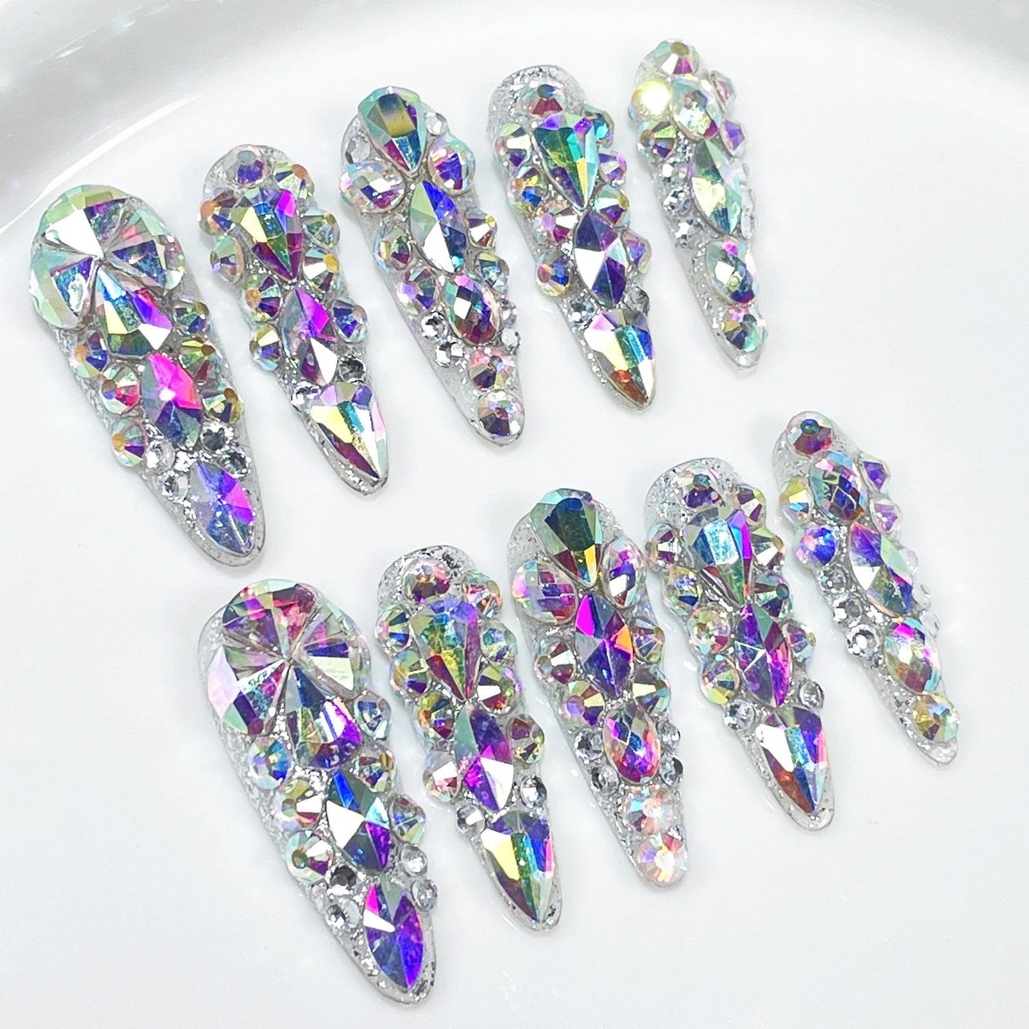 Handmade 3D Full AB Rhinestone Stiletto Press On Nails, Luxury Shiny Artisan Nails Set, Reusable Glossy Press-ons with Tool Kit(S)