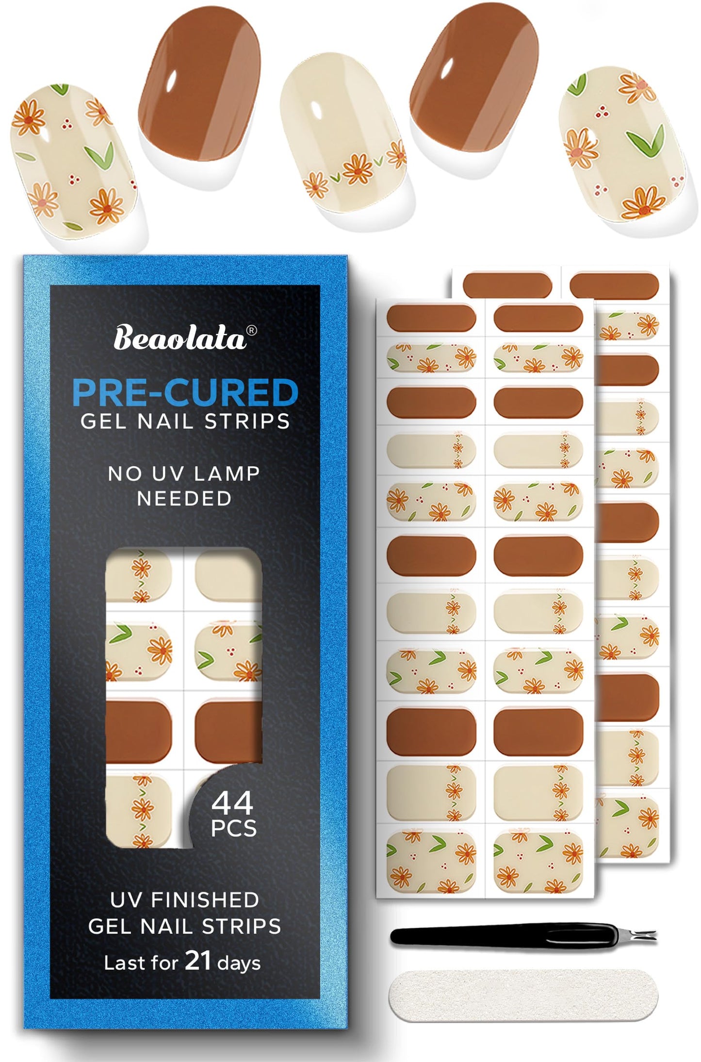 Beaolata Real Gel Nail Strips (No UV Light Needed) - 44Pcs Salon Quality Nail Stickers - Long Lasting Polish Wraps for Women, Easy Apply & Remove (Marigold Dream Brown)