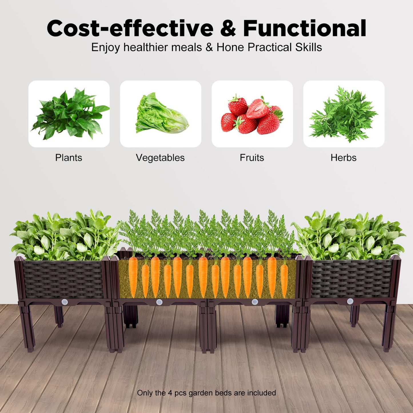 Gdrasuya10 Set of 4 Raised Garden Bed for Outdoor Plant, Elevated Planter Boxes Stand with Legs, Herb Flowers Vegetables Plastic Planter Box for Patio Yard Balcony, 15.3", Brown