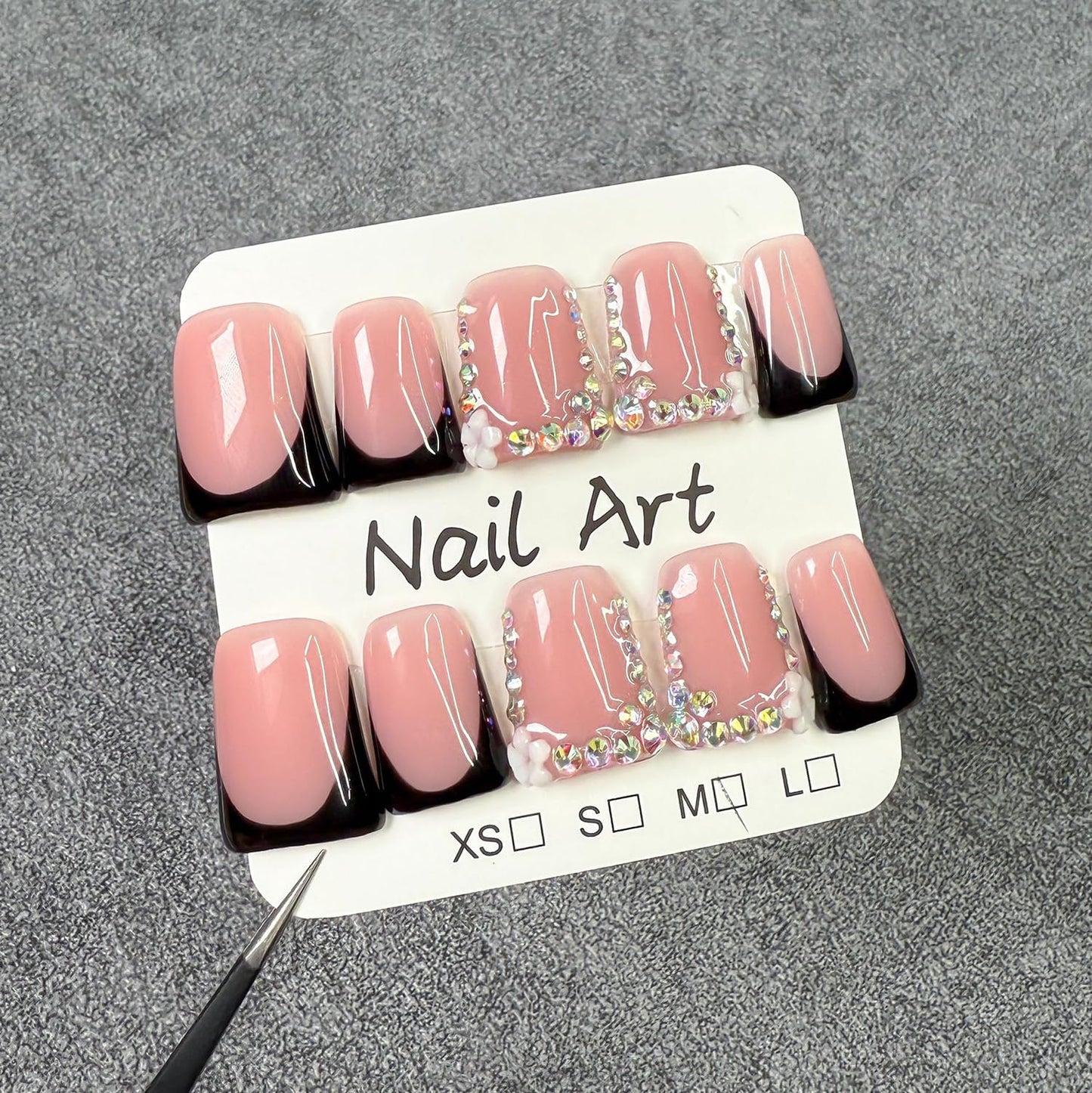 Handmade Press on Nails Short Duck Black French Tip Thick Acrylic Fake Nails 3D Floral False Nails with Rhinestones Pink Flower Designs Elegant Sturdy Nail Art Press on Nails 10Pcs(S)