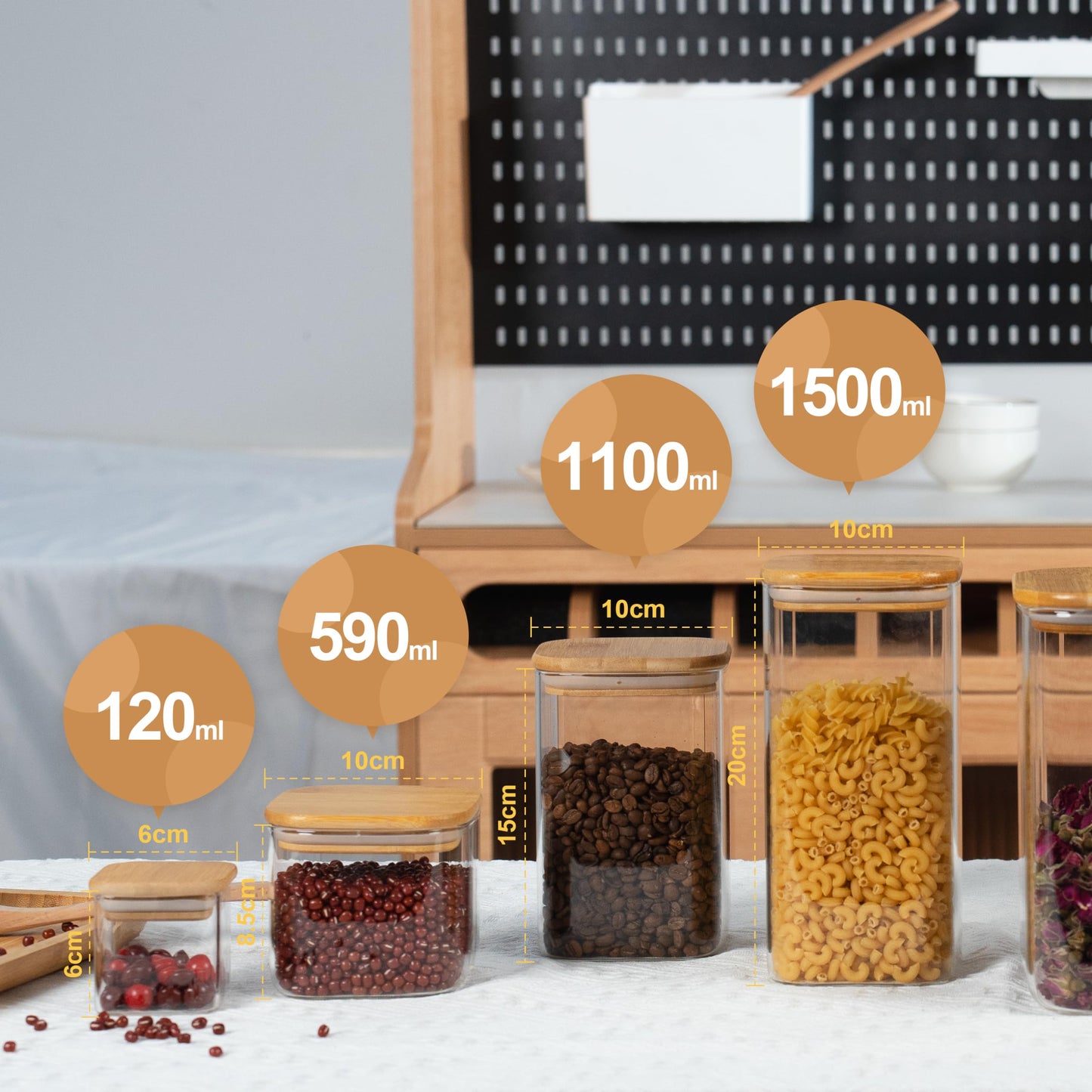 D2scrma 22oz Airtight Square Spice Containers with Bamboo Lid Set of 6 (650ml) Kitchen Pantry Organization Jar Stackable Spice Jar, for Sugar, Tea, Cookies and Coffee beans (‎with Black Lable)